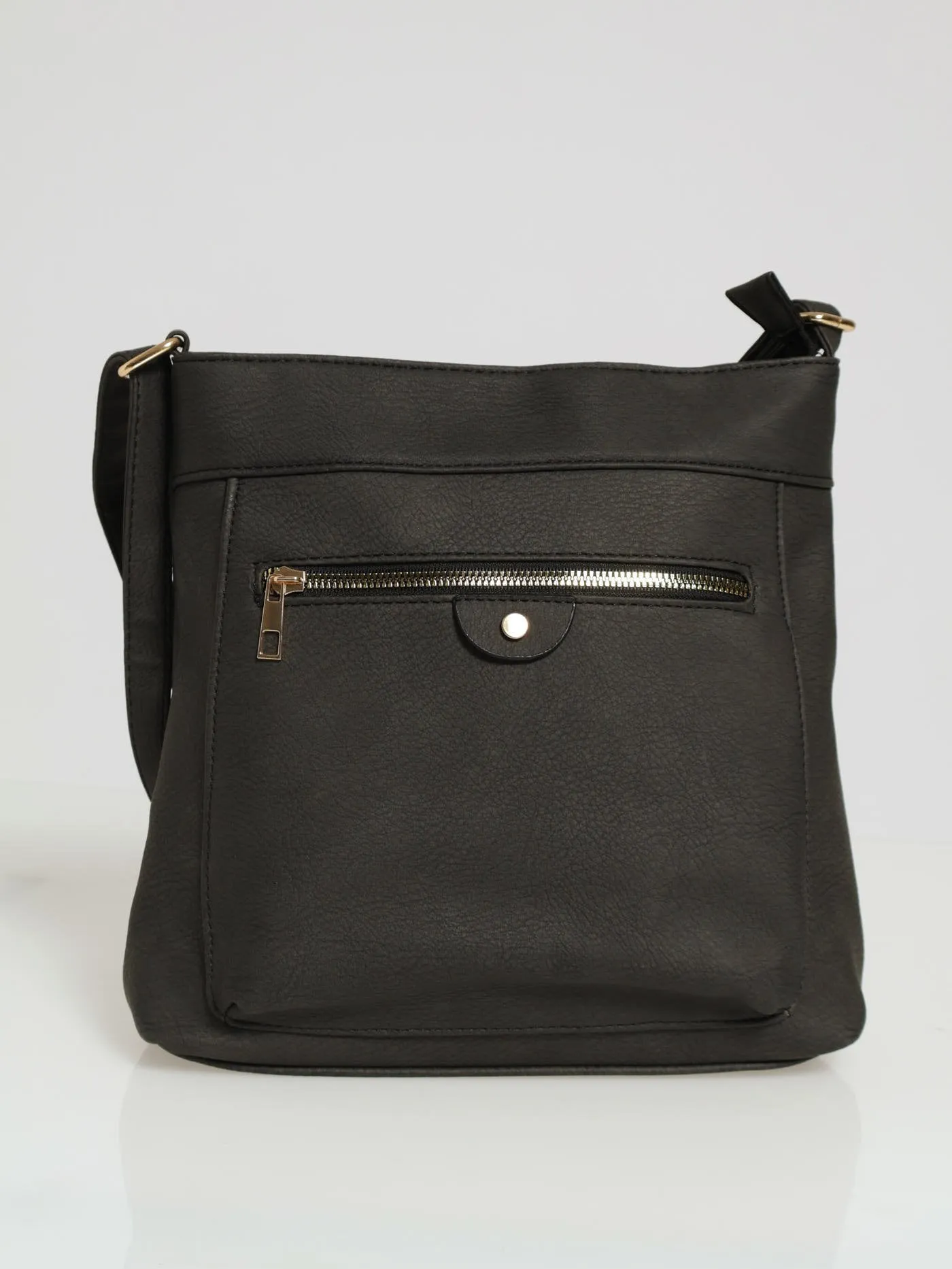 Front Zip Messenger Bag - Black