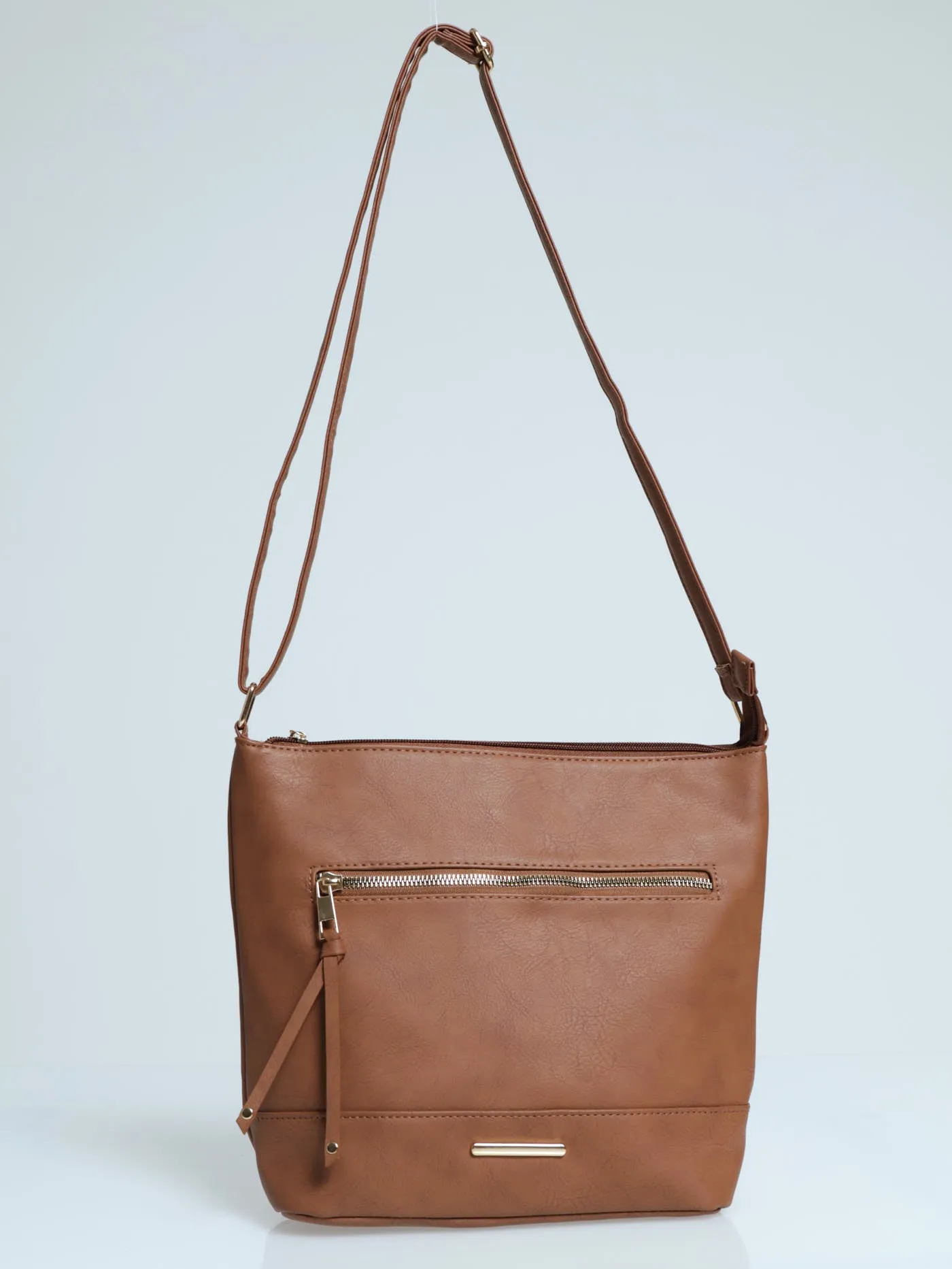 Front Zip Messenger Bag - Tan