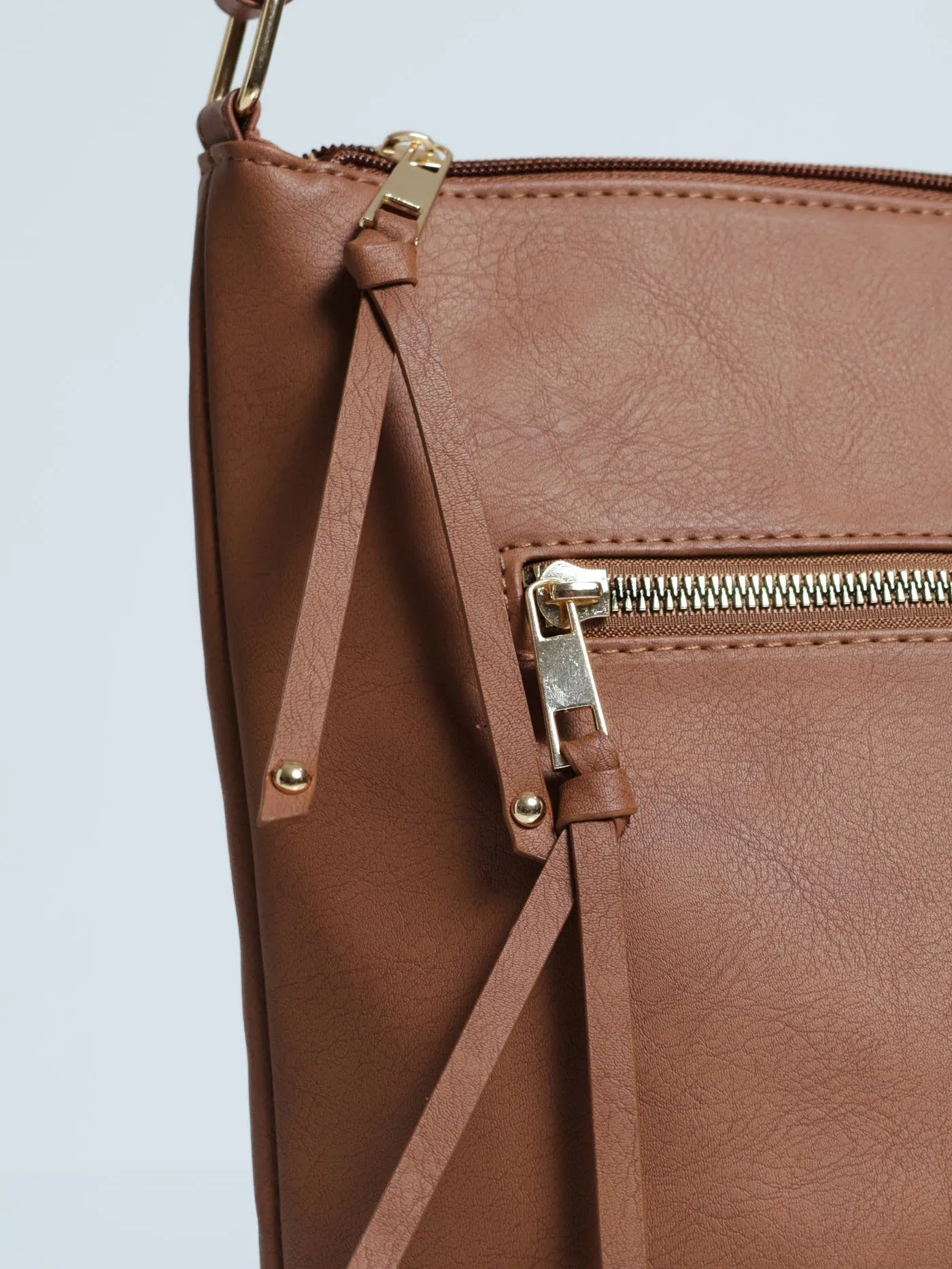 Front Zip Messenger Bag - Tan