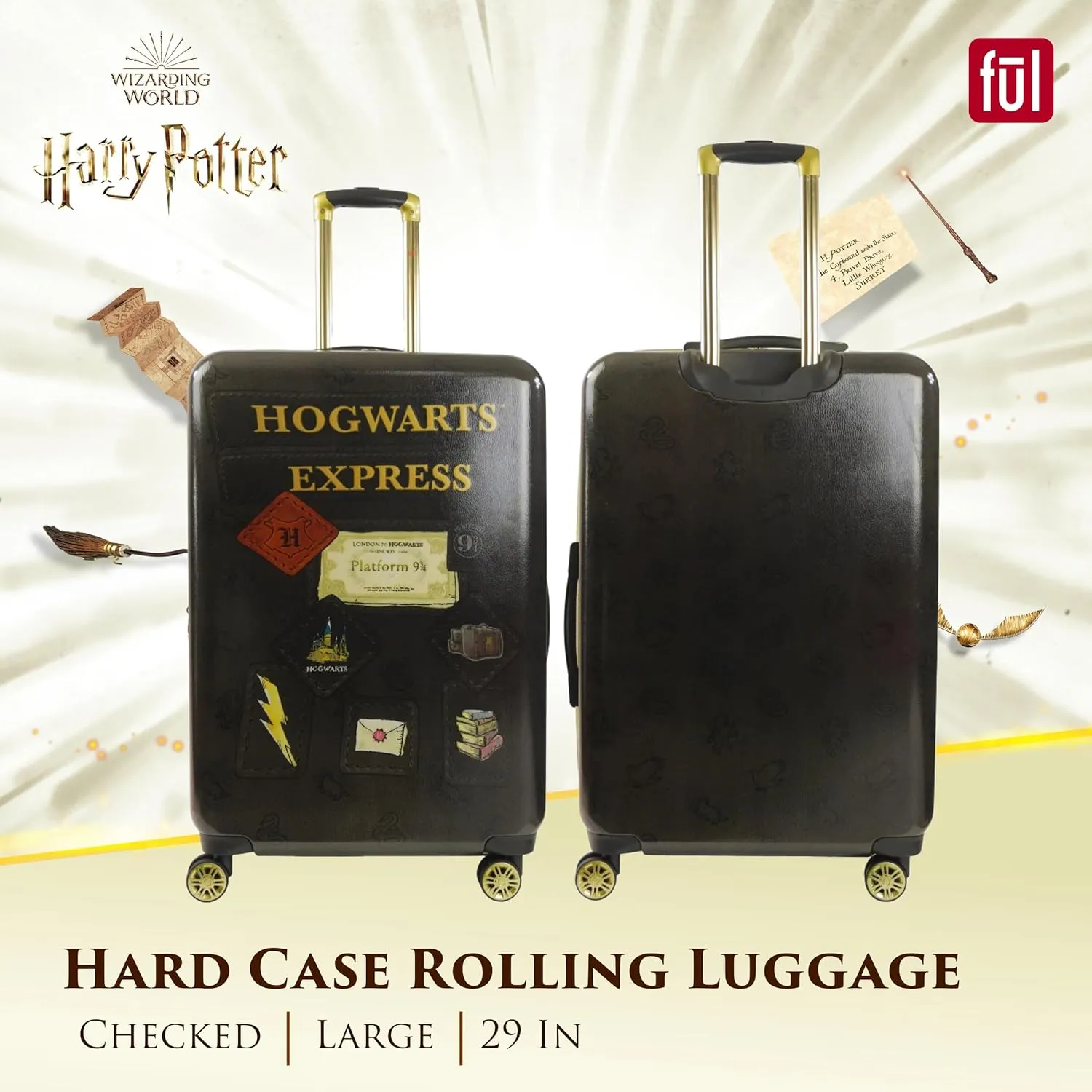 FUL Harry Potter Rolling Luggage, Hogwarts Express Hardshell Suitcase with Spinner Wheels, Black, 29 Inch