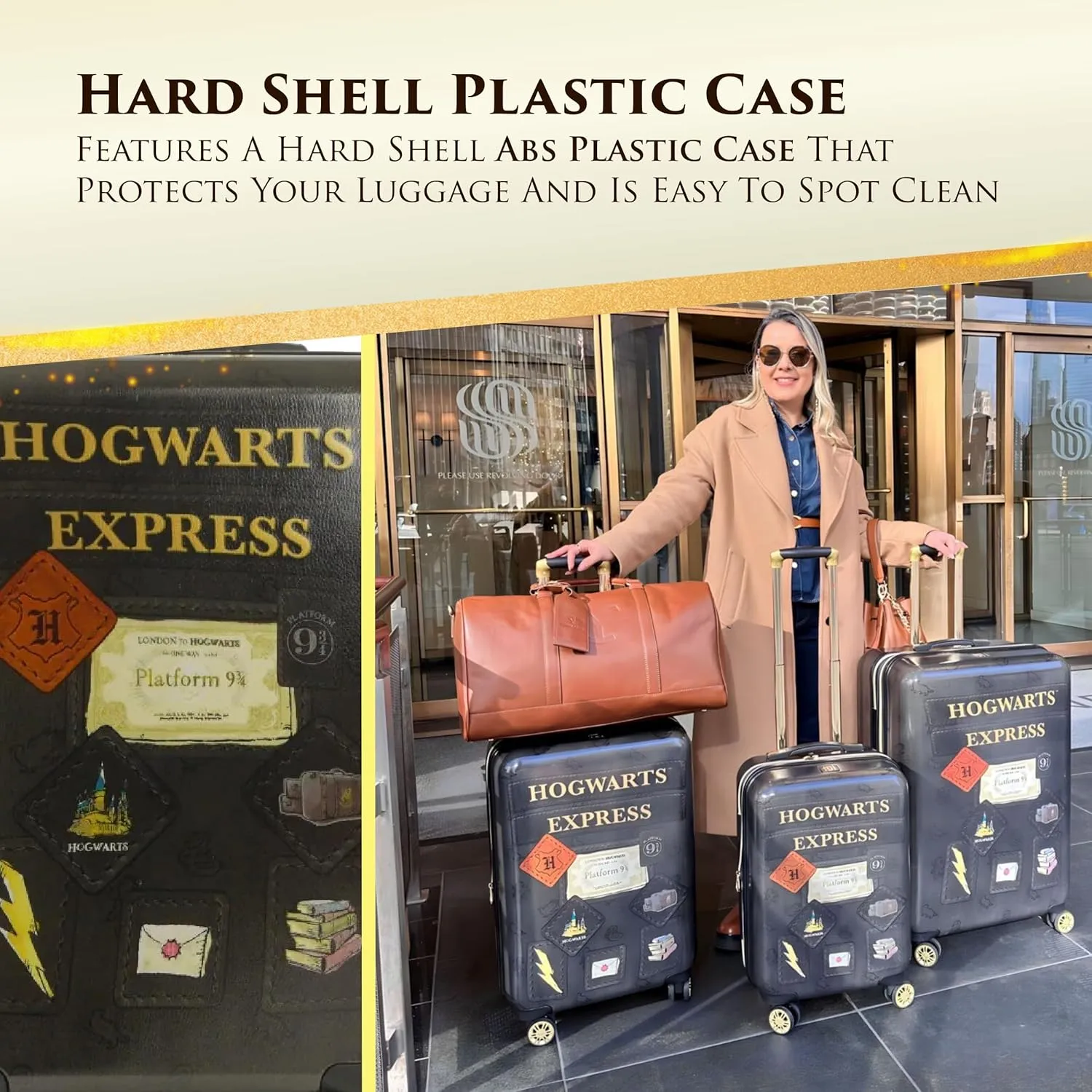 FUL Harry Potter Rolling Luggage, Hogwarts Express Hardshell Suitcase with Spinner Wheels, Black, 3 Piece Set