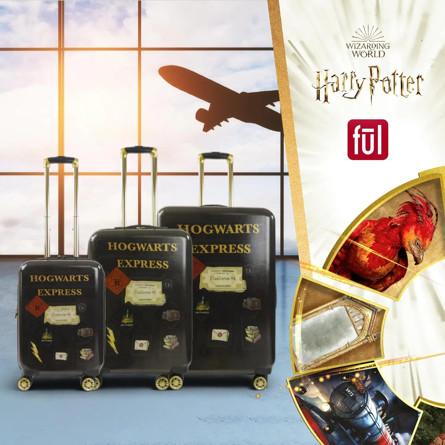 FUL Harry Potter Rolling Luggage, Hogwarts Express Hardshell Suitcase with Spinner Wheels, Black, 3 Piece Set
