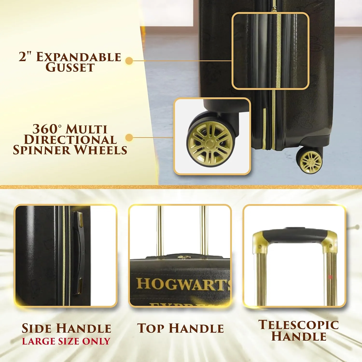 FUL Harry Potter Rolling Luggage, Hogwarts Express Hardshell Suitcase with Spinner Wheels, Black, 3 Piece Set