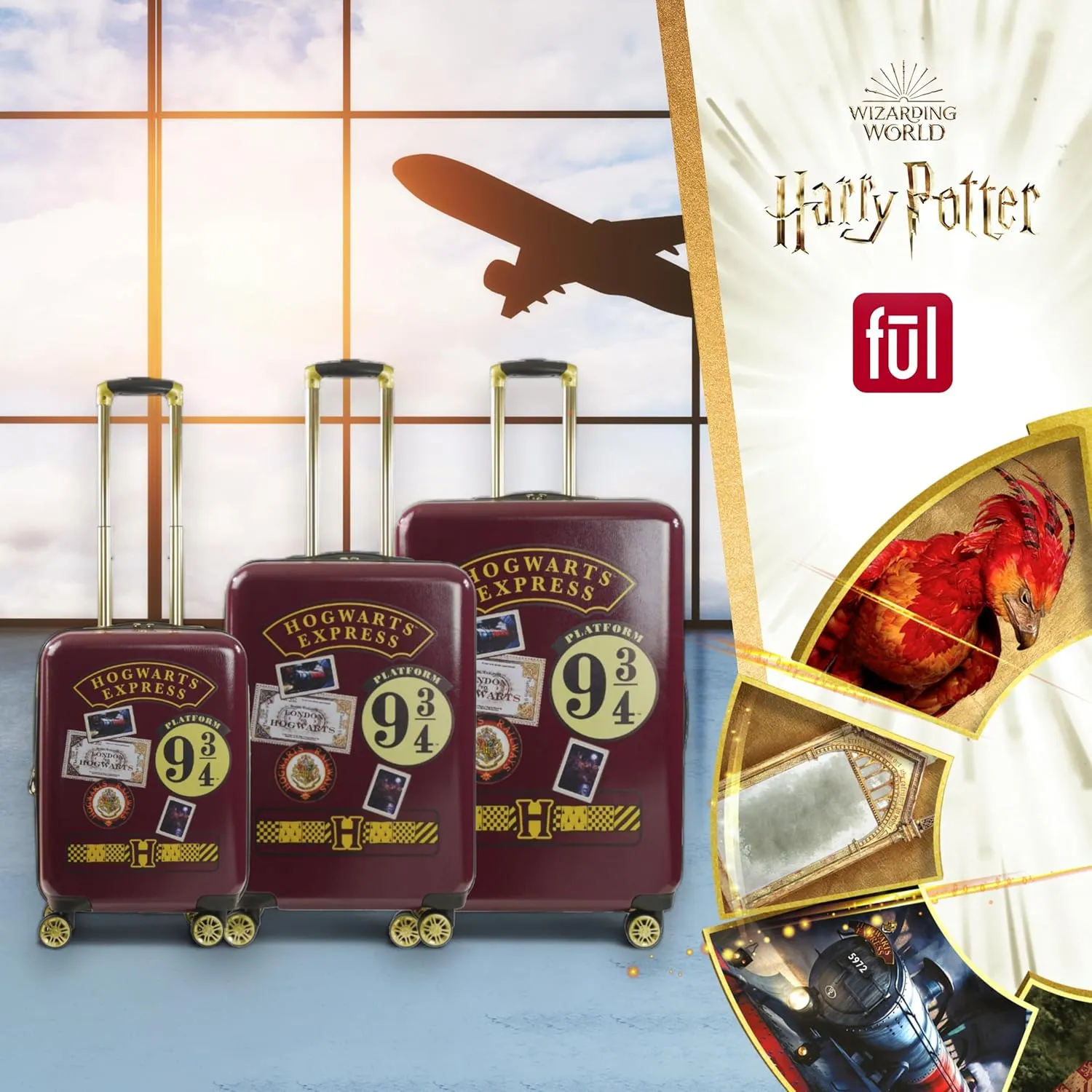 FUL Harry Potter Rolling Luggage, Hogwarts Express Hardshell Suitcase with Spinner Wheels, Burgundy, 3 Piece Set