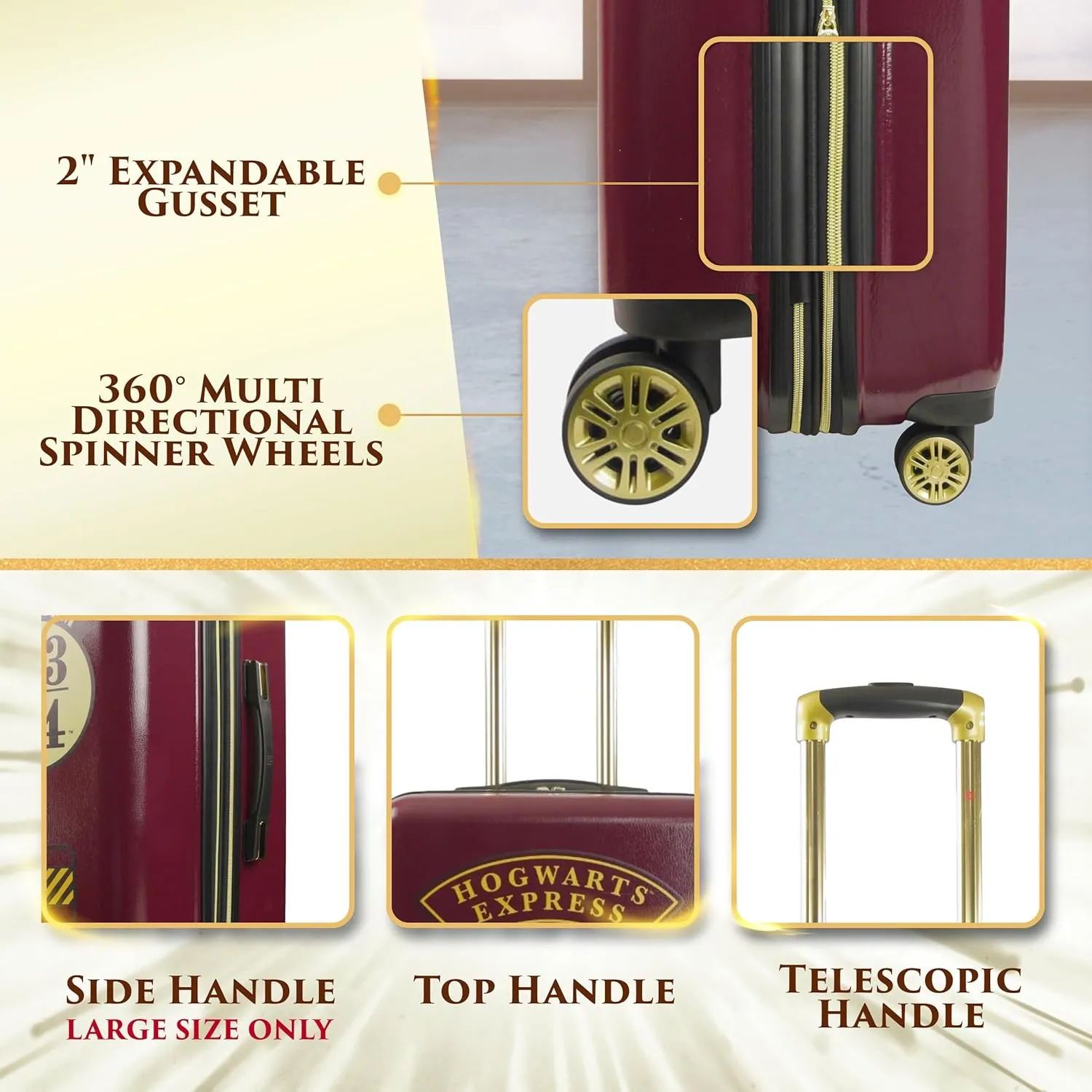 FUL Harry Potter Rolling Luggage, Hogwarts Express Hardshell Suitcase with Spinner Wheels, Burgundy, 3 Piece Set