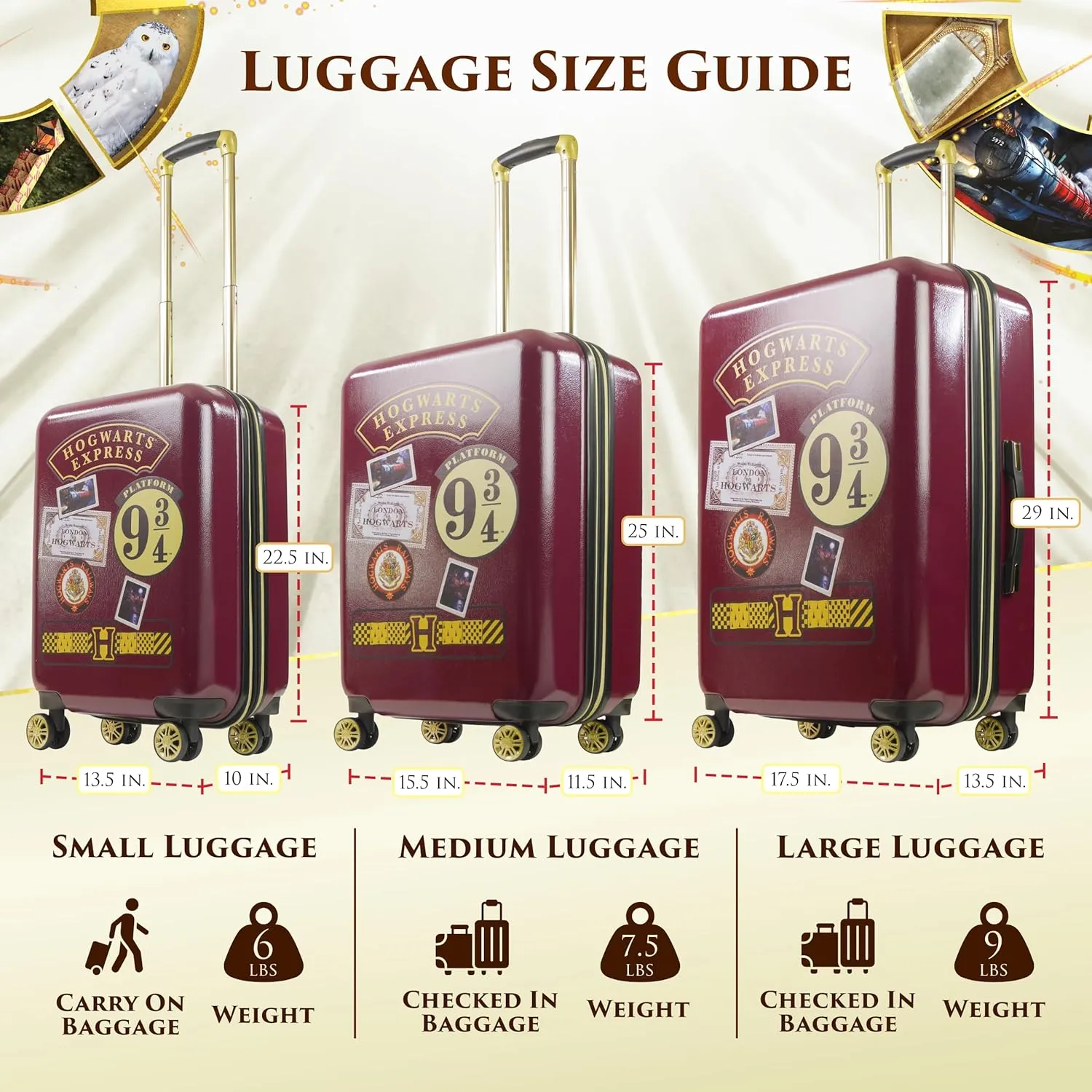 FUL Harry Potter Rolling Luggage, Hogwarts Express Hardshell Suitcase with Spinner Wheels, Burgundy, 3 Piece Set