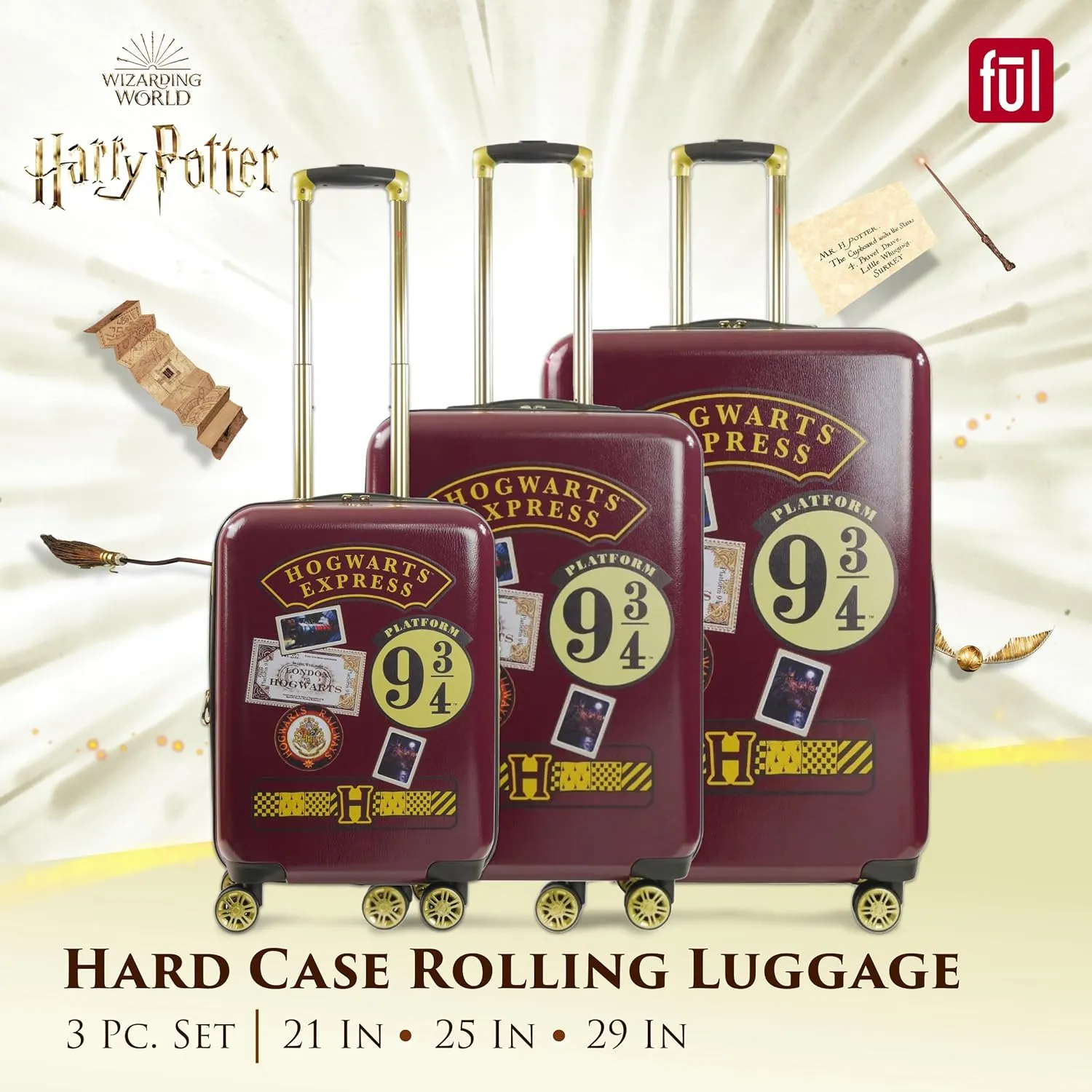 FUL Harry Potter Rolling Luggage, Hogwarts Express Hardshell Suitcase with Spinner Wheels, Burgundy, 3 Piece Set