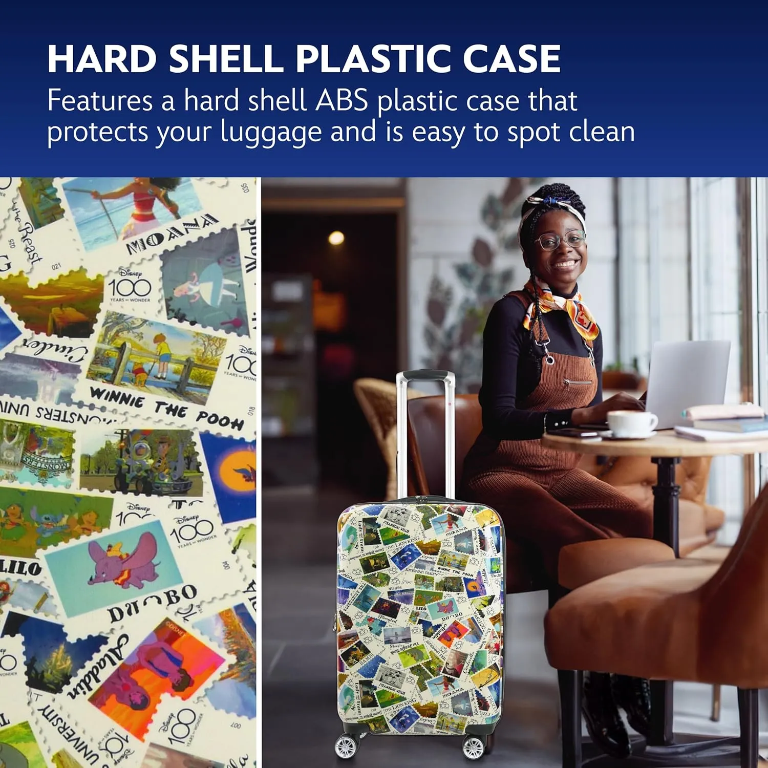 FUL Rolling Luggage, Disney Stamps Harrdshell Carry On Suitcase with Spinner Wheels, Multi, 26 Inch