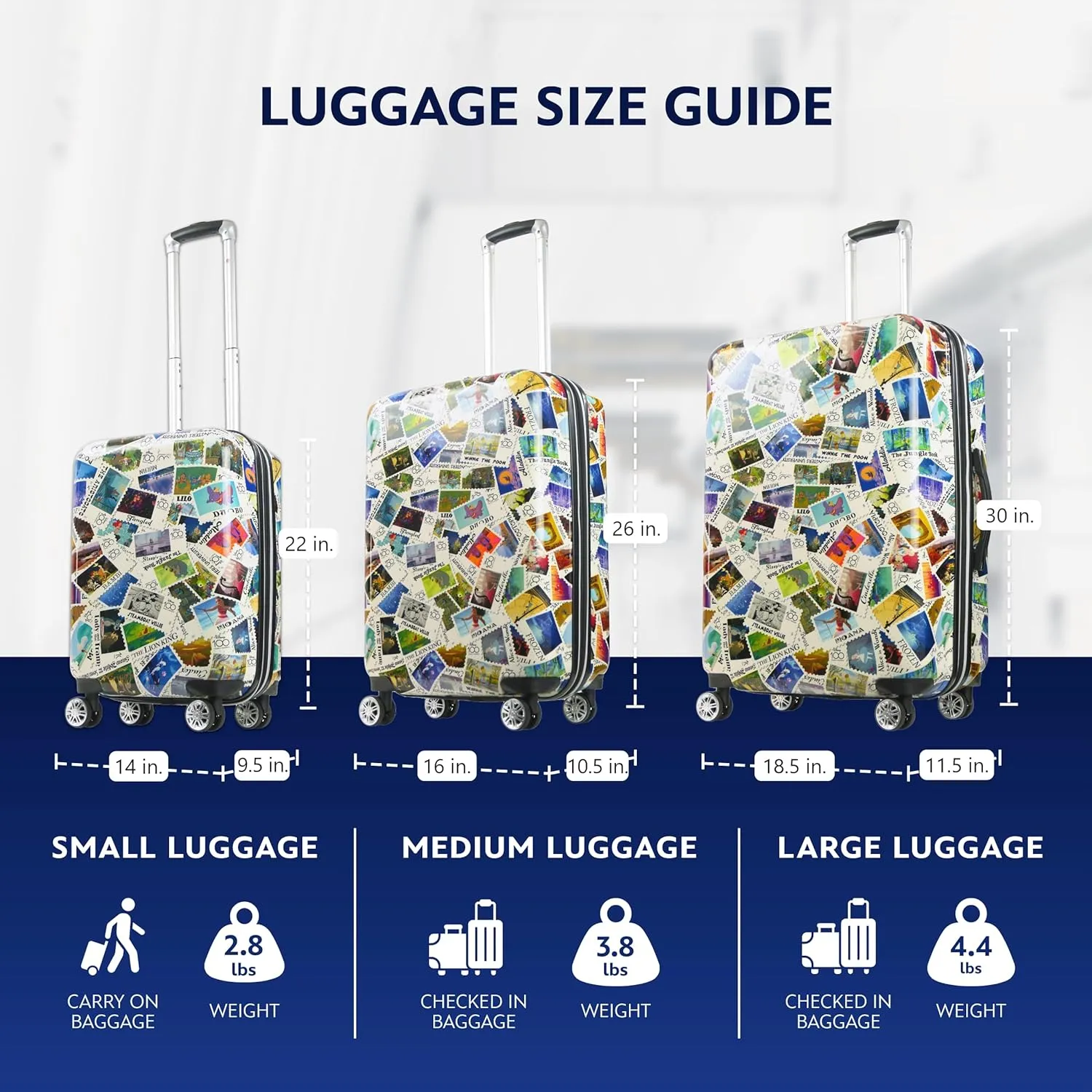 FUL Rolling Luggage, Disney Stamps Harrdshell Carry On Suitcase with Spinner Wheels, Multi, 26 Inch