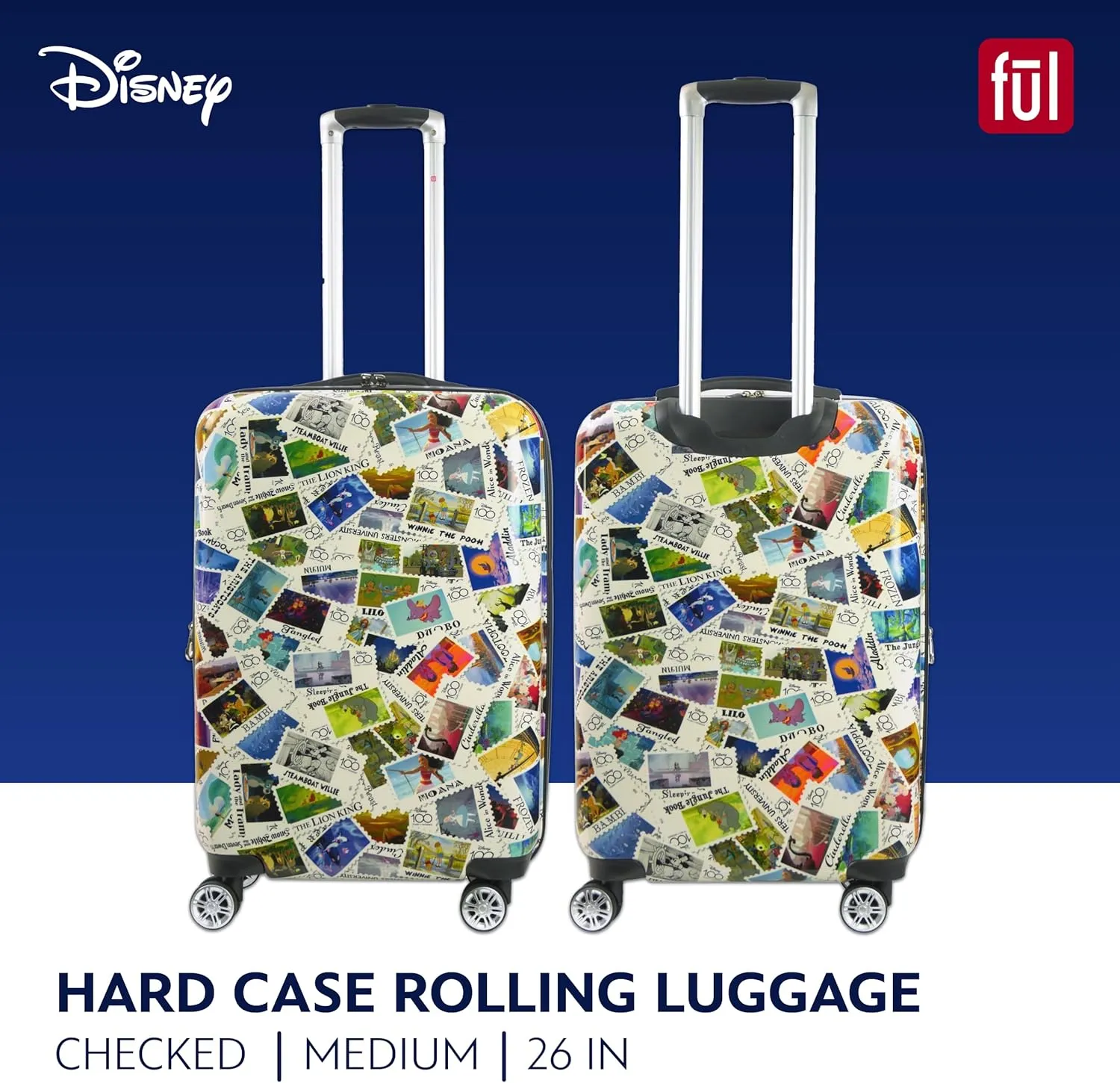 FUL Rolling Luggage, Disney Stamps Harrdshell Carry On Suitcase with Spinner Wheels, Multi, 26 Inch