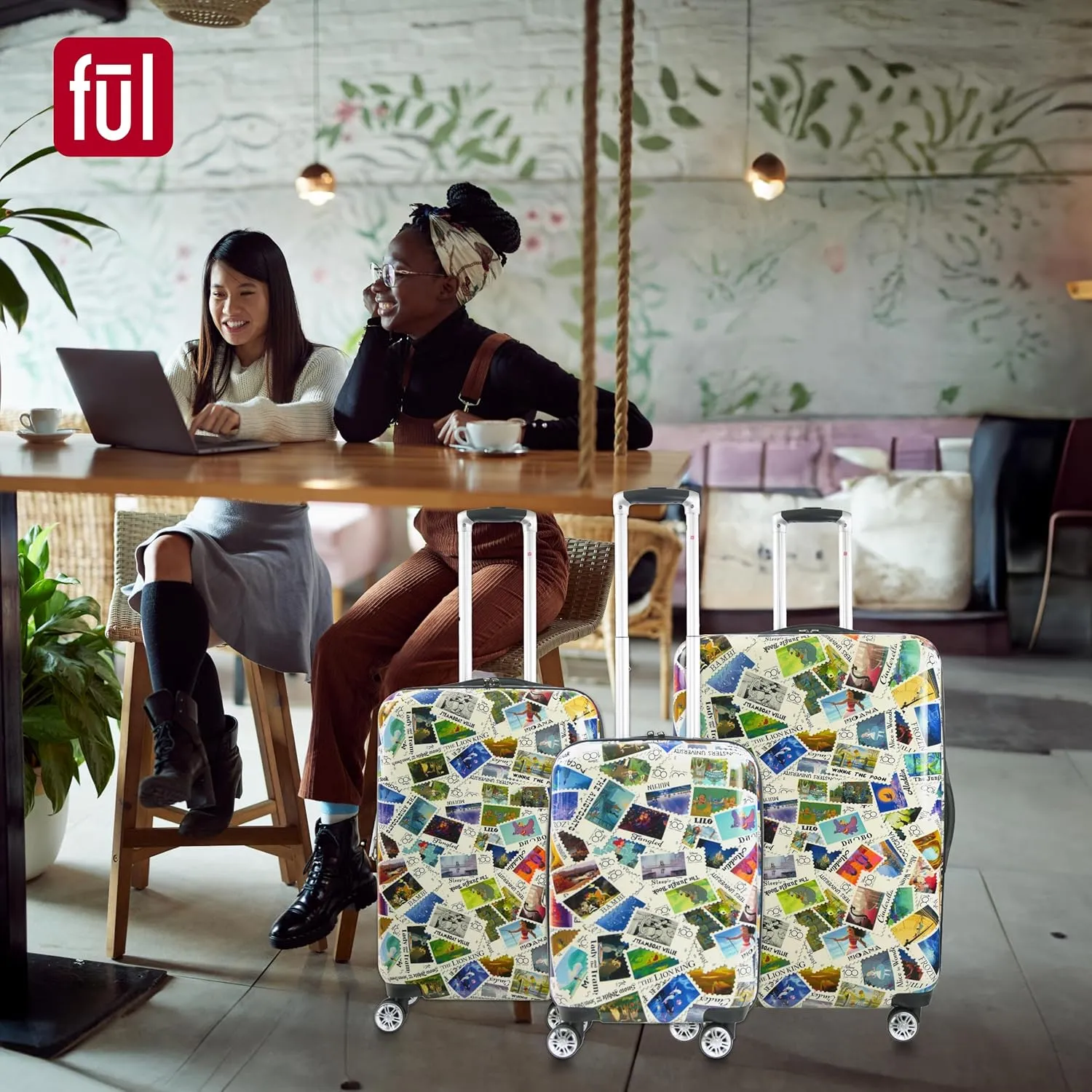 FUL Rolling Luggage, Disney Stamps Harrdshell Carry On Suitcase with Spinner Wheels, Multi, 26 Inch