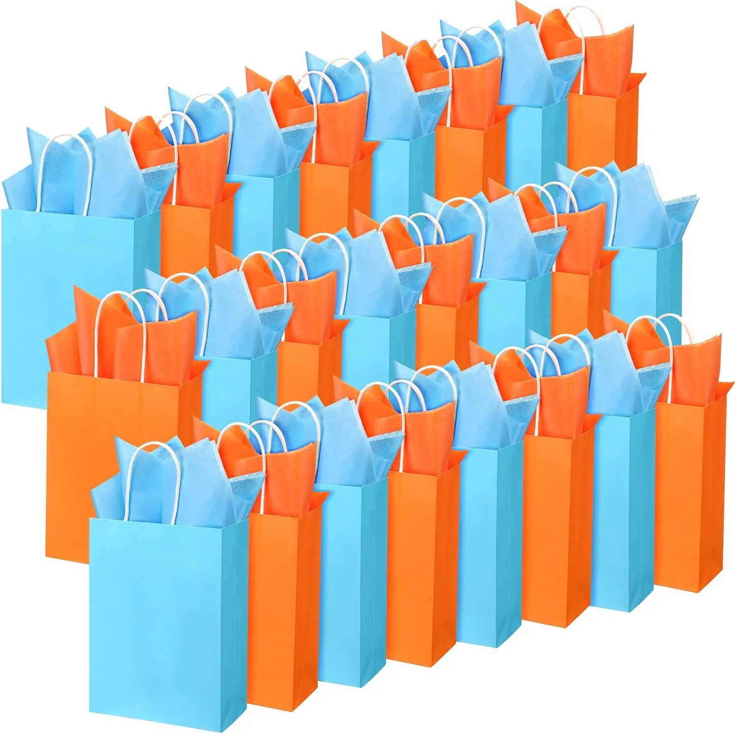 Fumete 24 Pack Kraft Paper Gift Bags with Tissues Papers Colorful Party Favor Bags with Handles for War Party Target Sign Birthday Wedding Baby Shower Supplies(Light Blue, Orange)