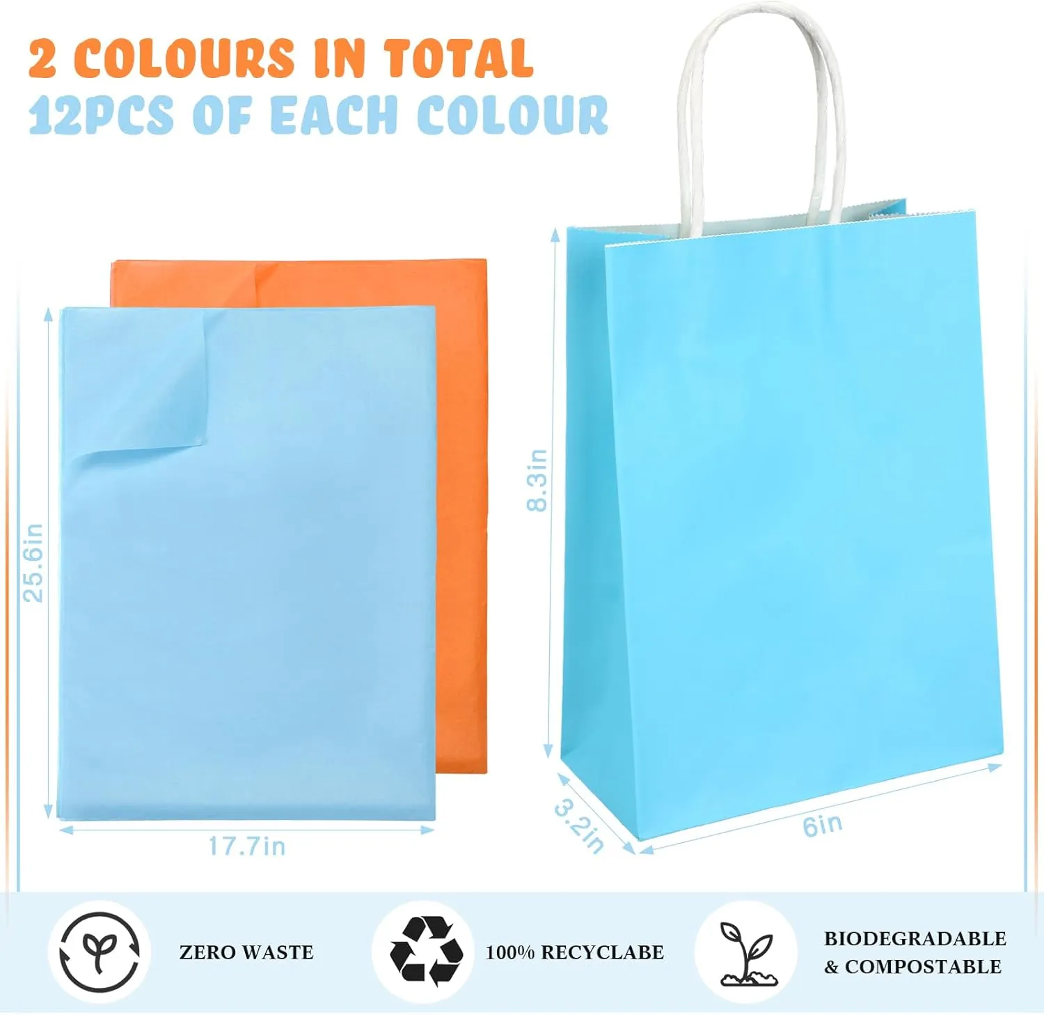 Fumete 24 Pack Kraft Paper Gift Bags with Tissues Papers Colorful Party Favor Bags with Handles for War Party Target Sign Birthday Wedding Baby Shower Supplies(Light Blue, Orange)