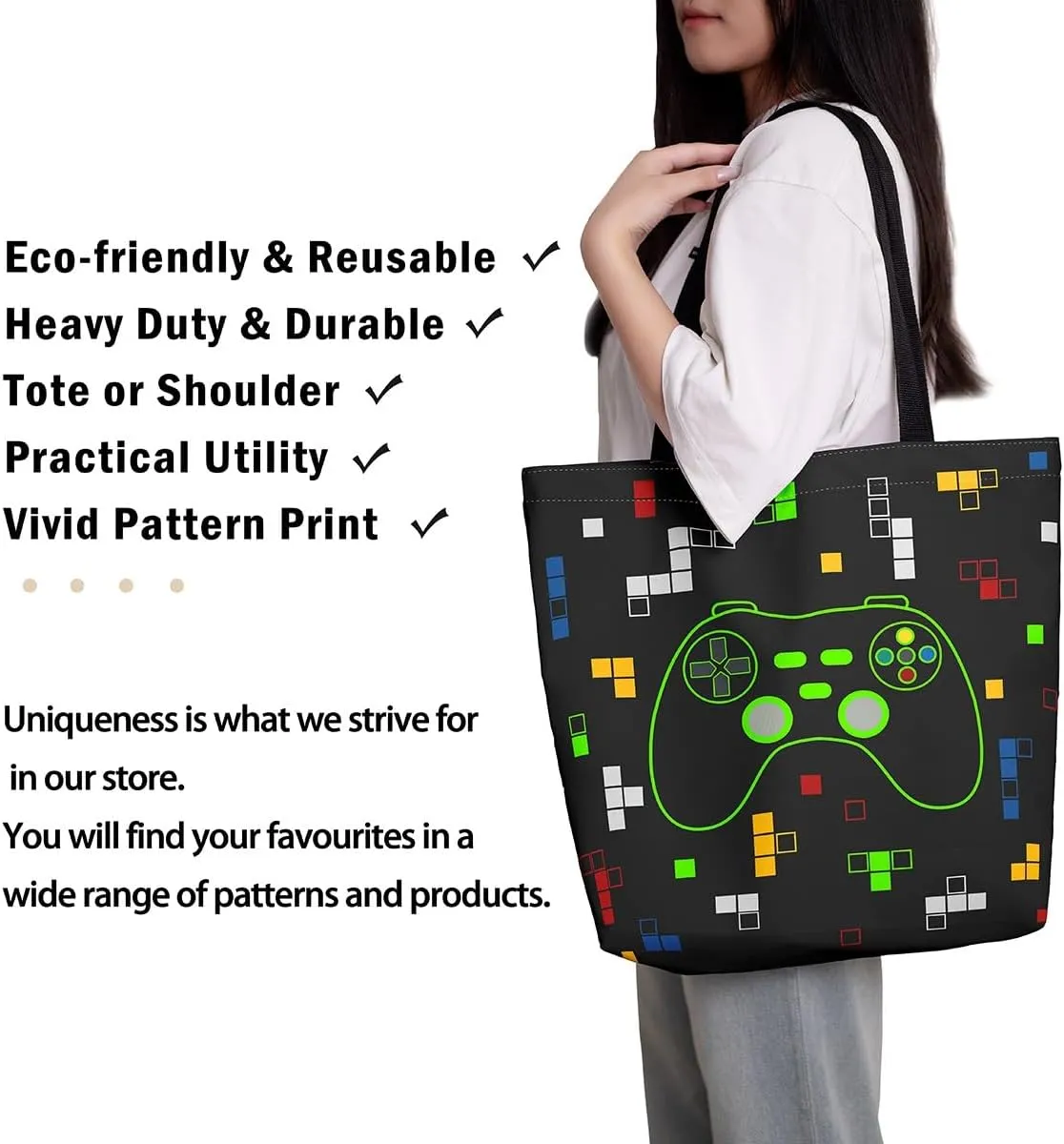 Gamer Aesthetic Canvas Tote Bag,Miner Video Games Reusable Tote Shoulder Bag Casual Bag for Shopping, Work, Gym