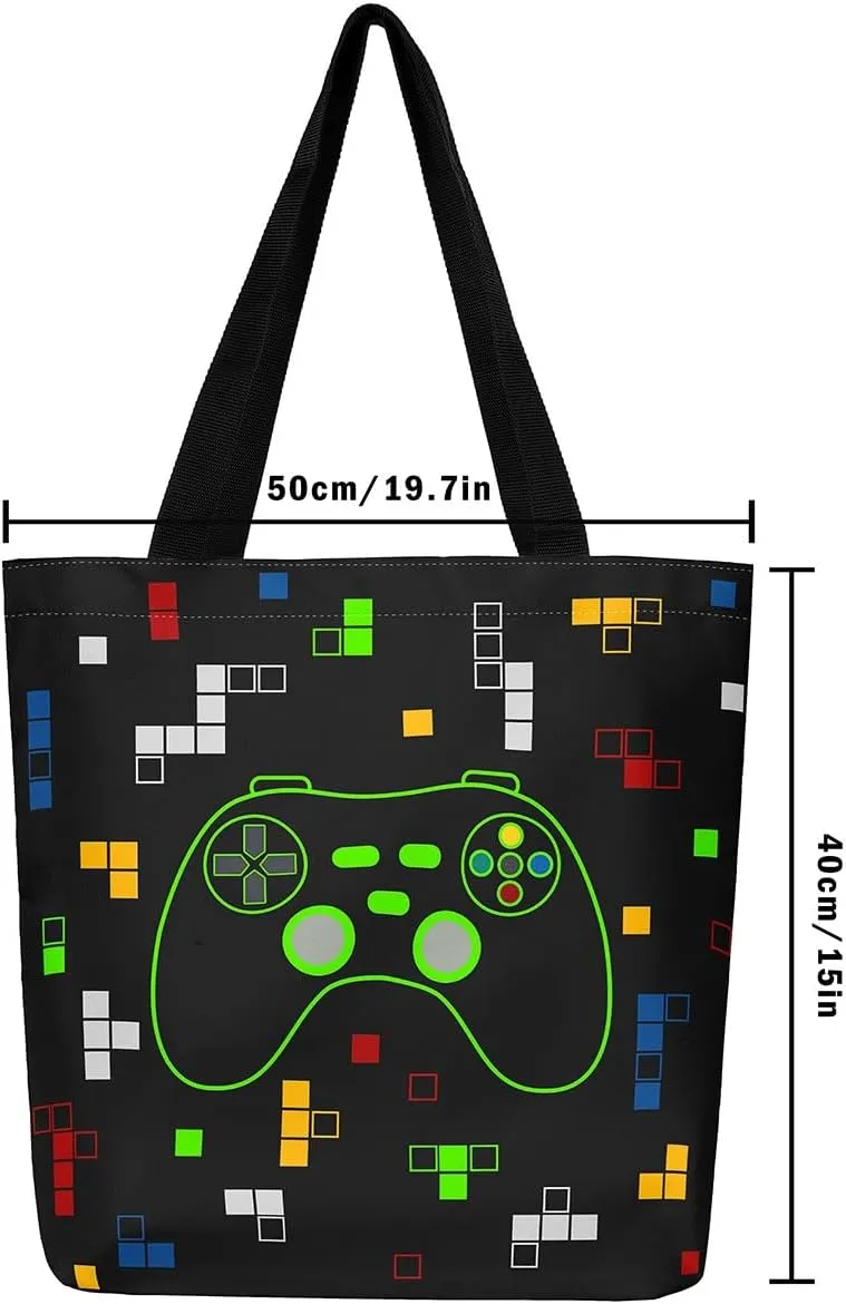 Gamer Aesthetic Canvas Tote Bag,Miner Video Games Reusable Tote Shoulder Bag Casual Bag for Shopping, Work, Gym