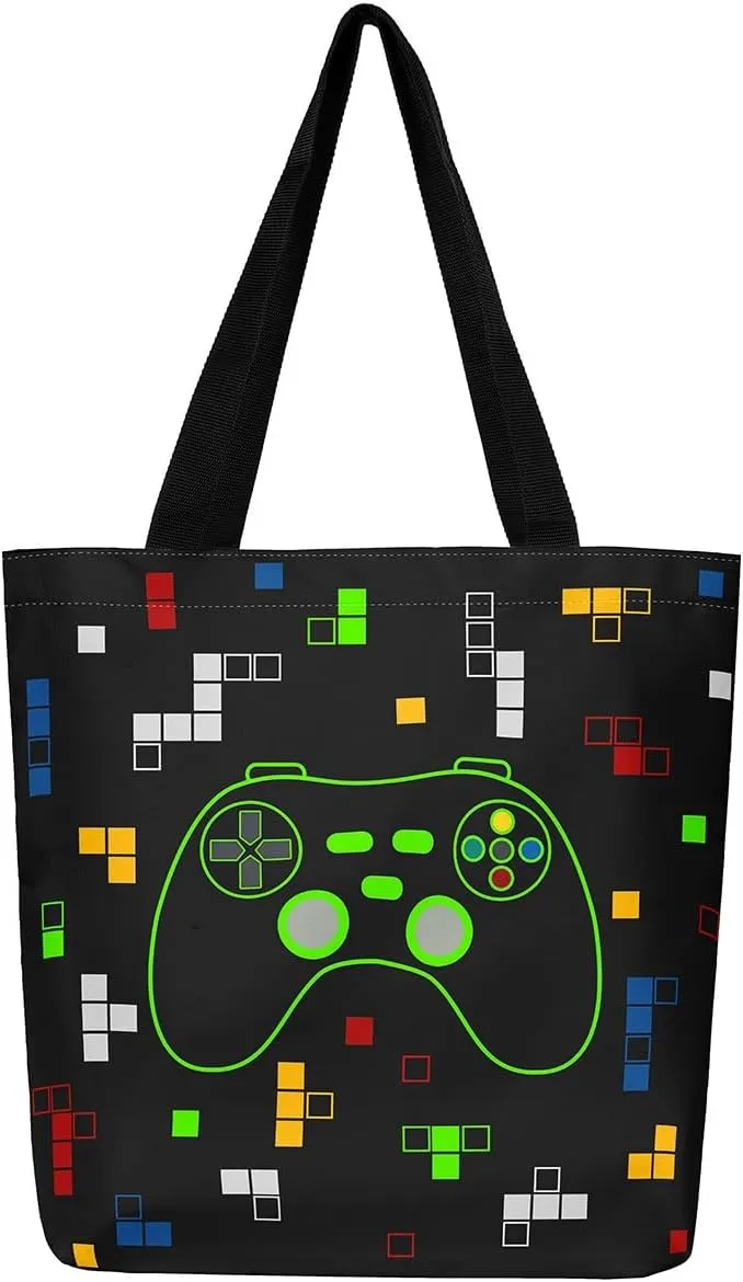 Gamer Aesthetic Canvas Tote Bag,Miner Video Games Reusable Tote Shoulder Bag Casual Bag for Shopping, Work, Gym