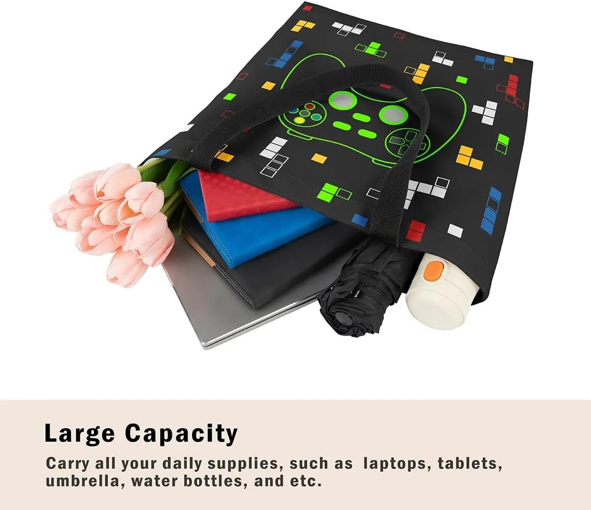 Gamer Aesthetic Canvas Tote Bag,Miner Video Games Reusable Tote Shoulder Bag Casual Bag for Shopping, Work, Gym