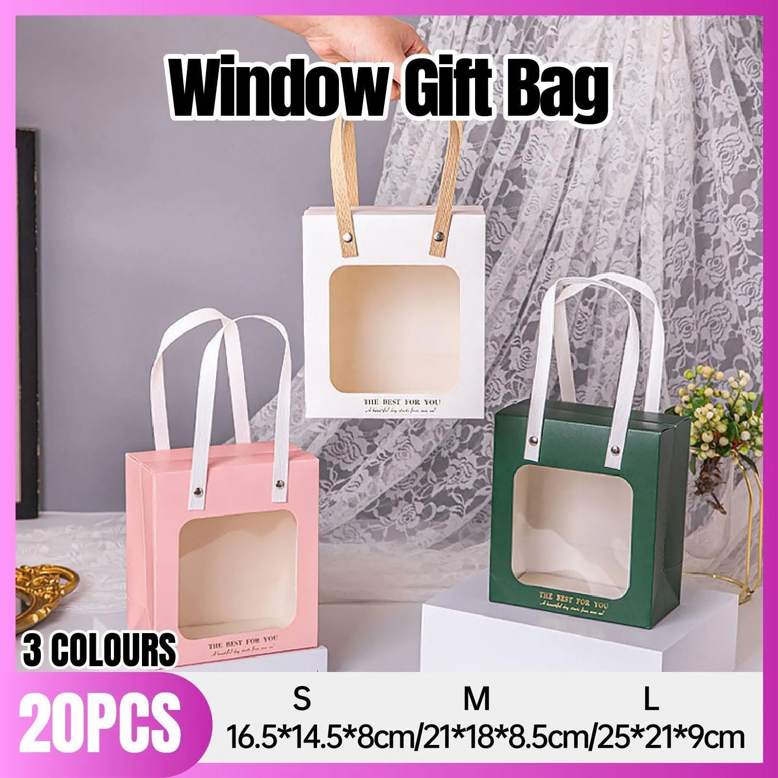 Gift Presentation with Window Gift Bags 3 Colors 20PCS