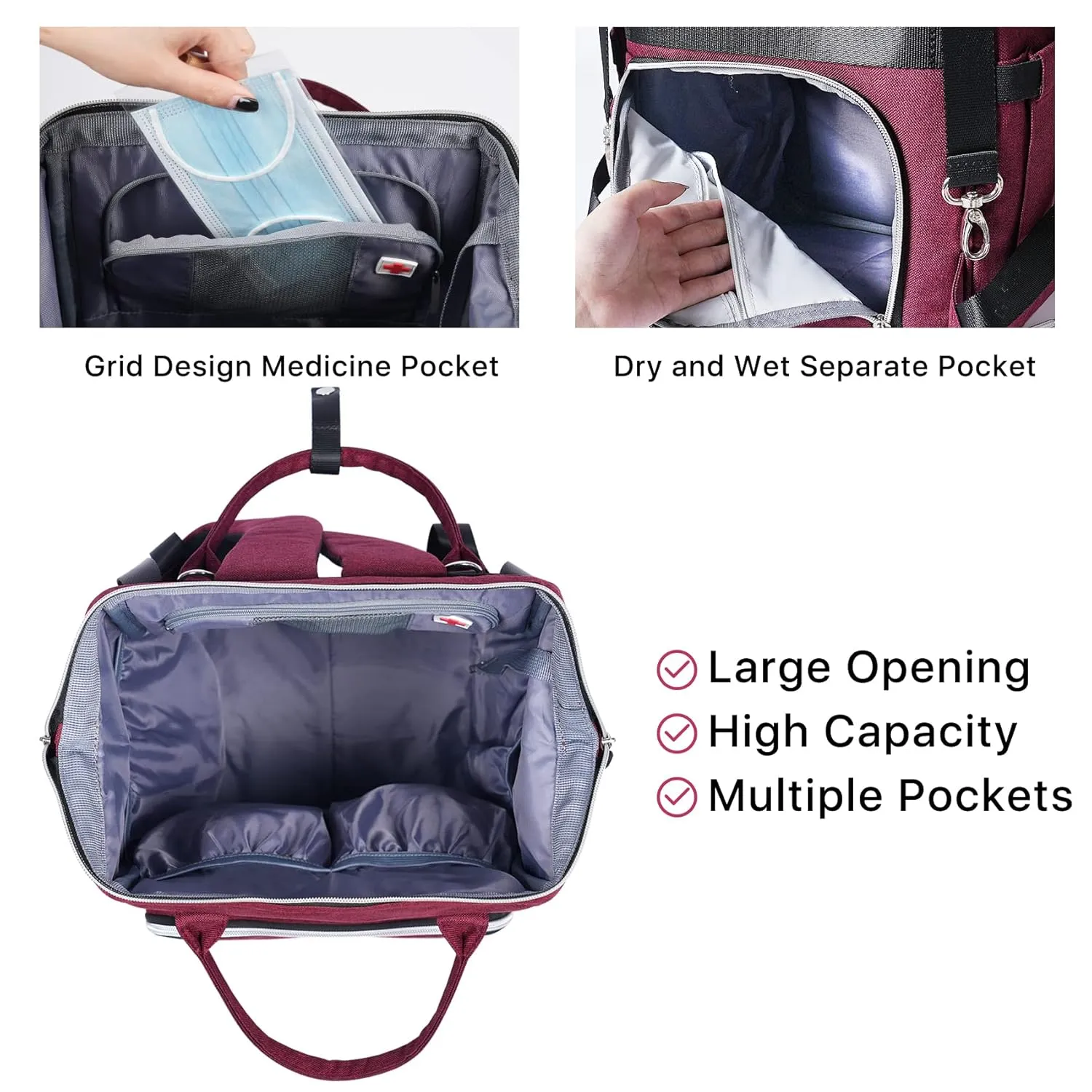 Girls Diaper Bag Backpack with Portable Changing Pad,Large Baby Nappy Backpack,Burgundy