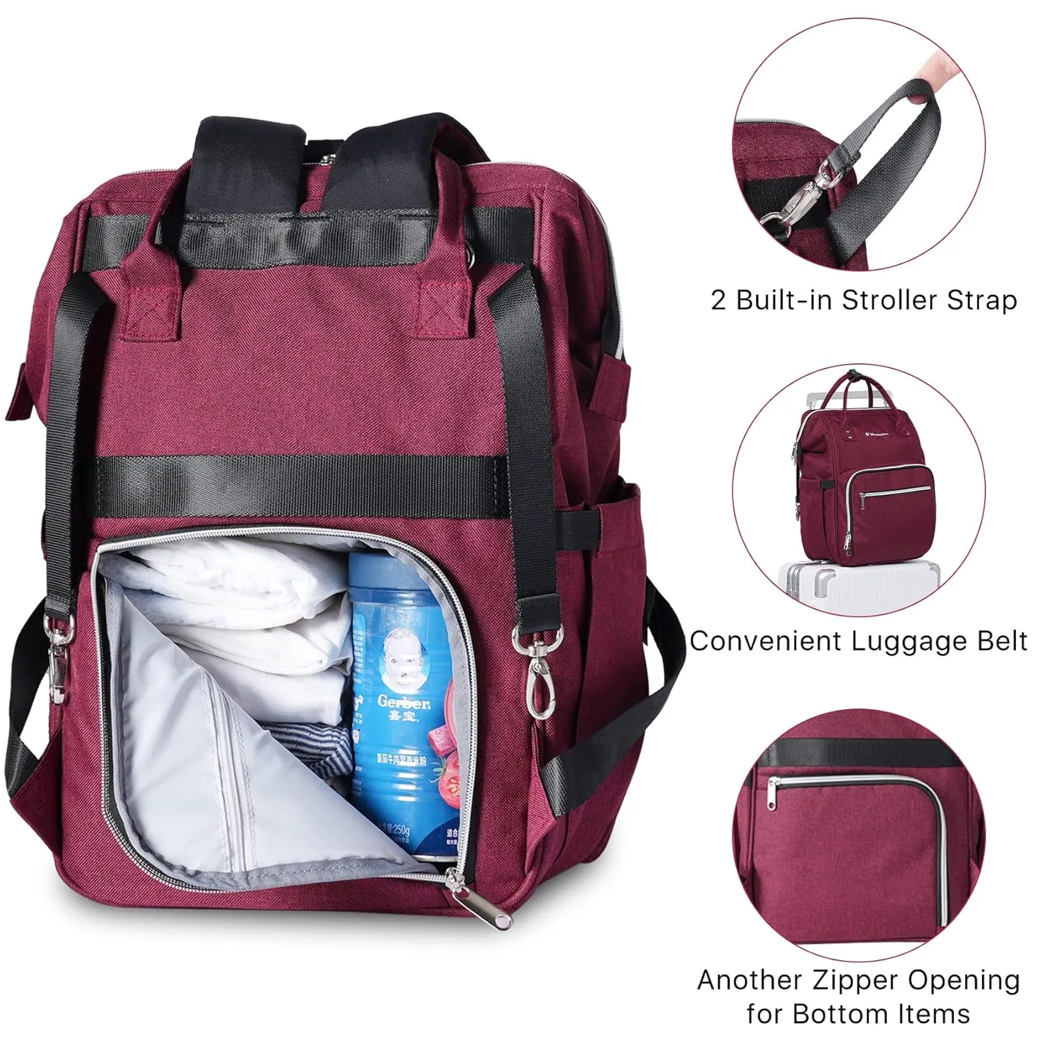 Girls Diaper Bag Backpack with Portable Changing Pad,Large Baby Nappy Backpack,Burgundy