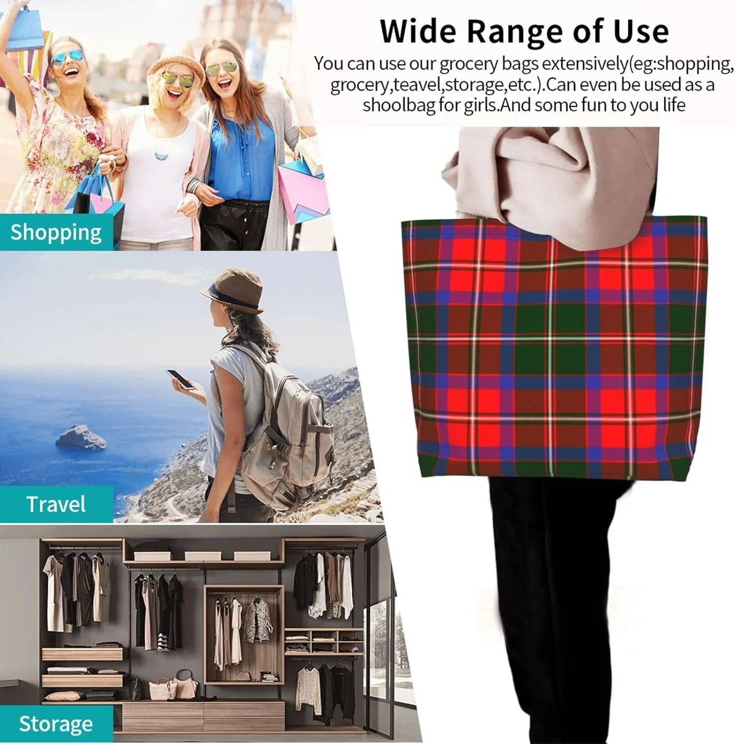 Gordon Dress Modern Tartan Tote Bag For Women Weekender Travel Bag Reusable Grocery Bags Large Totes Handbags