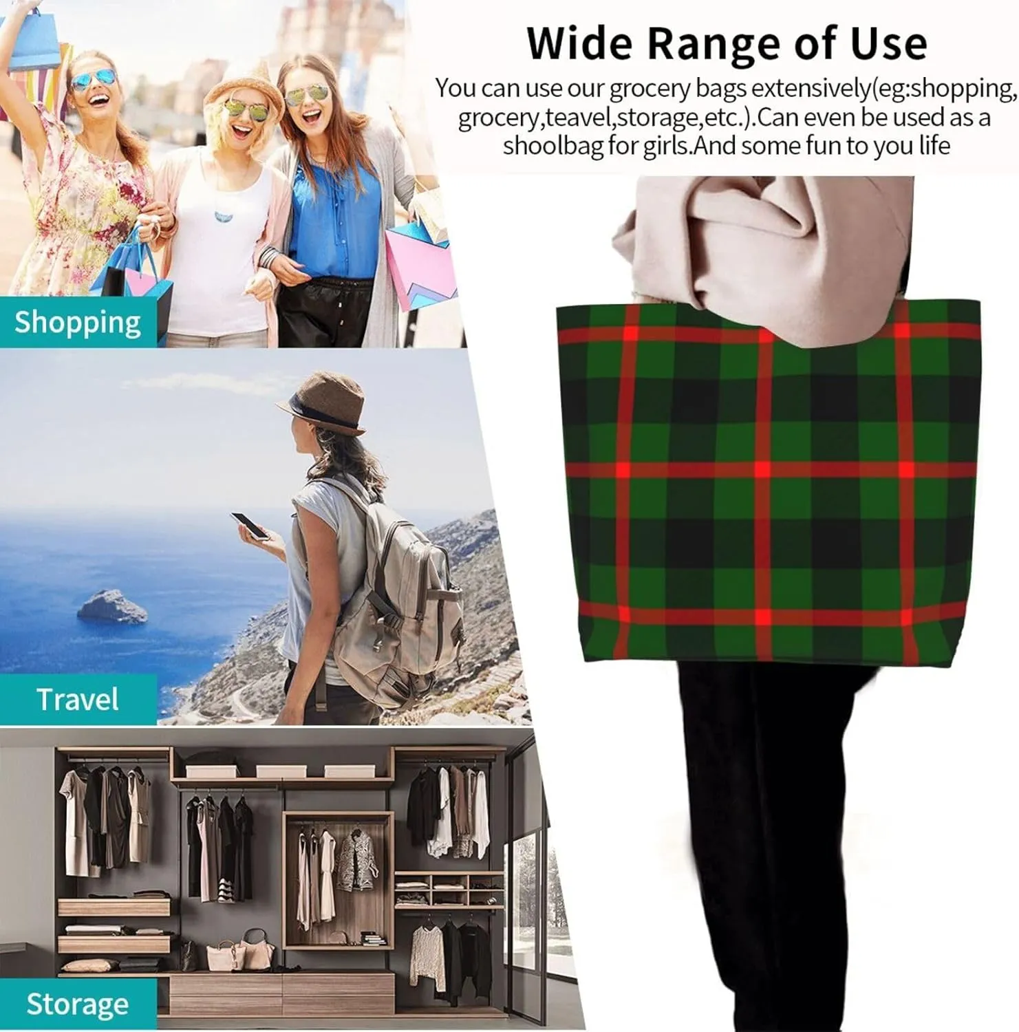 Gordon Dress Modern Tartan Tote Bag For Women Weekender Travel Bag Reusable Grocery Bags Large Totes Handbags