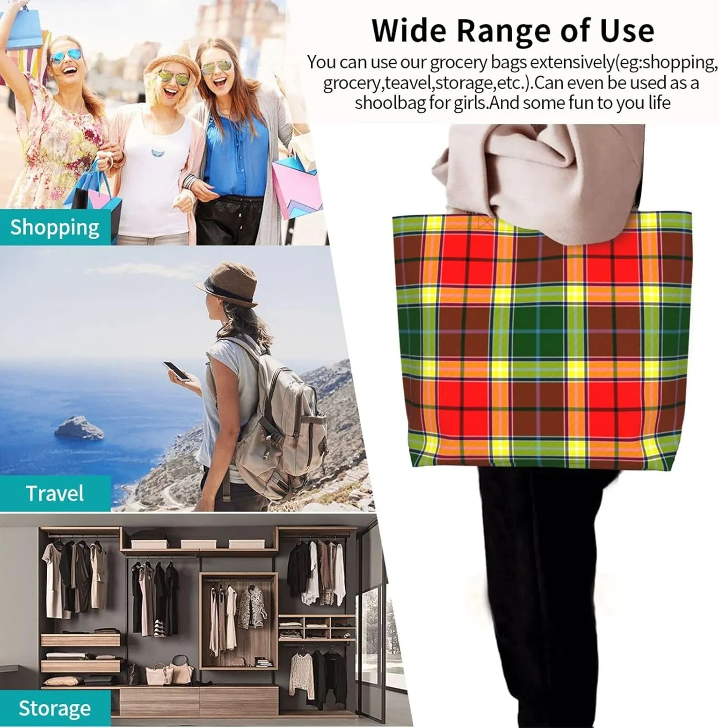 Gordon Dress Modern Tartan Tote Bag For Women Weekender Travel Bag Reusable Grocery Bags Large Totes Handbags