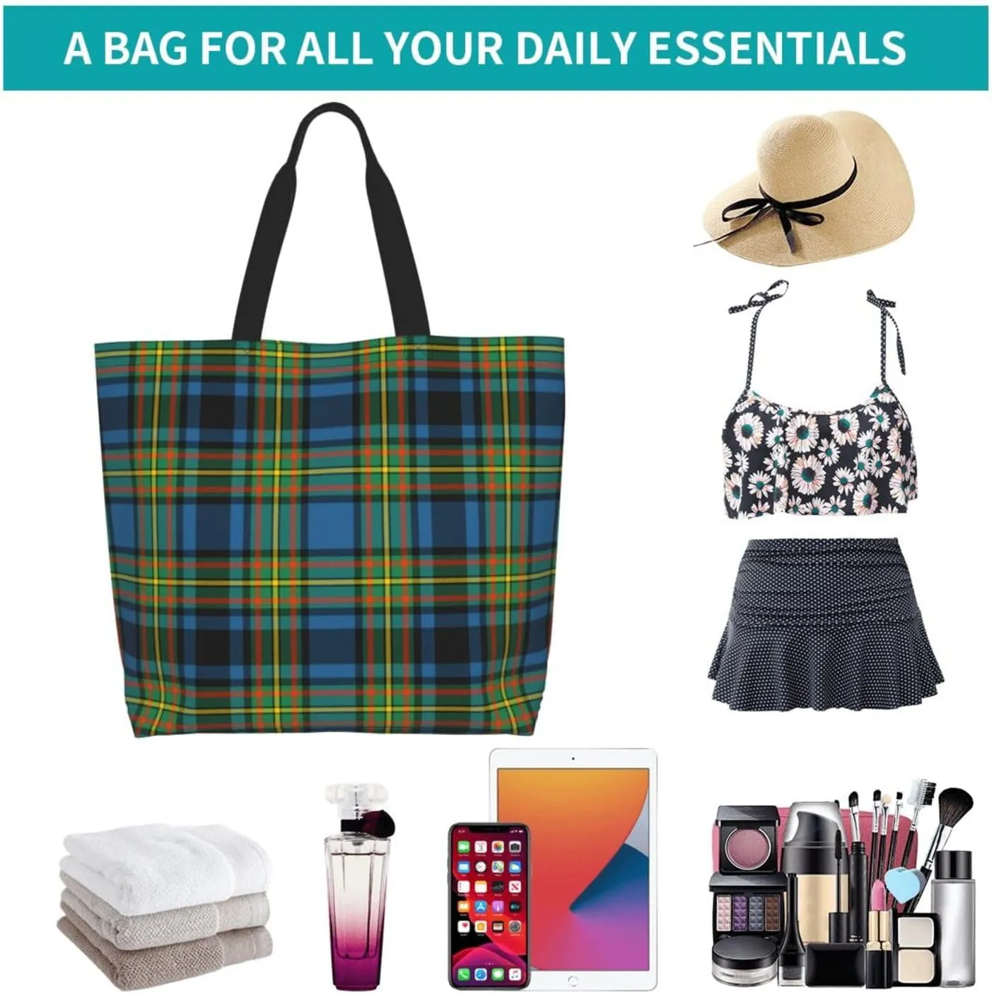 Gordon Dress Modern Tartan Tote Bag For Women Weekender Travel Bag Reusable Grocery Bags Large Totes Handbags
