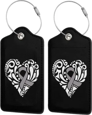 Gray Heart Ribbon Brain Cancer Awareness Luggage Tags for Travel, Stainless Steel & Leather, Personalized Engraved, Durable Bag Tags 4 PCS