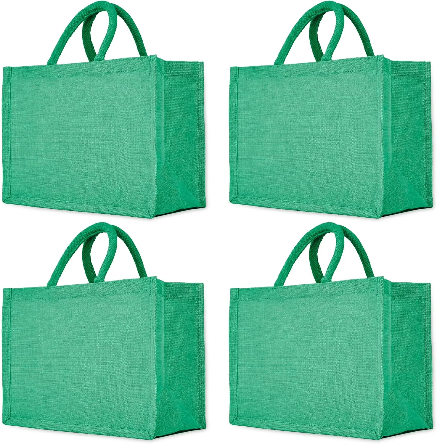 Green Colour Juco Tote Bags – Set of 4 Eco-Friendly Reusable Burlap Gift Totes, Perfect for Shopping, Weddings, Beach, DIY Crafts, Groceries, and More. Size: 9" x 12" x 6"