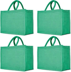 Green Colour Juco Tote Bags – Set of 4 Eco-Friendly Reusable Burlap Gift Totes, Perfect for Shopping, Weddings, Beach, DIY Crafts, Groceries, and More. Size: 9" x 12" x 6"