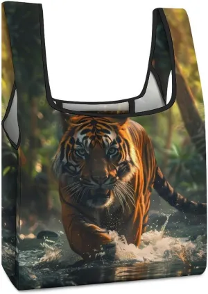 Green Forests Tiger Grocery Shopping Bags Foldable Tote Bags Casual Handbags Purses Work Bag for Women