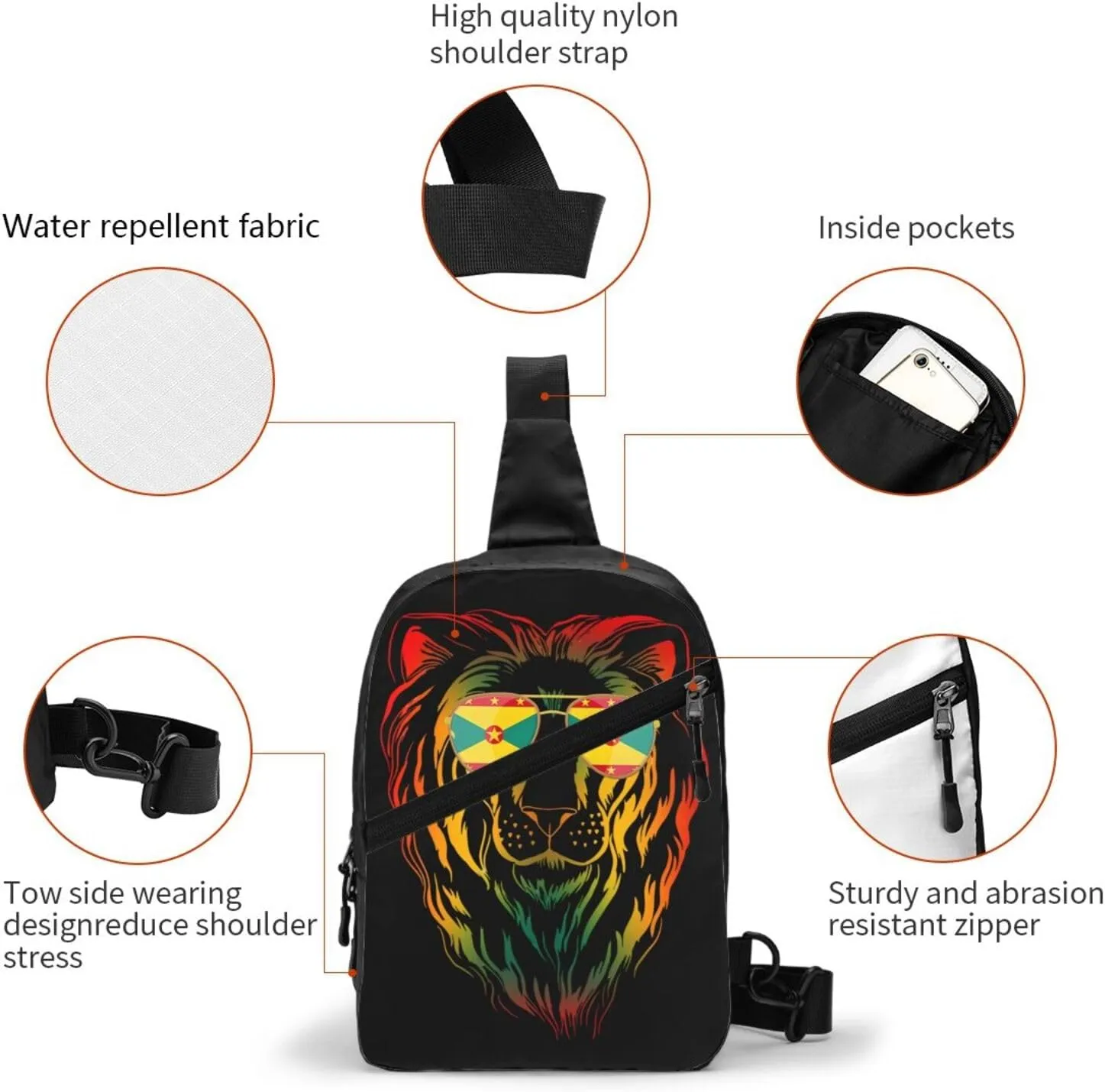 Grenada Flag Cool Lion Packable Crossbody Bag Portable Sling Bags Foldable Travel Daypack Reusable Sports Shoulder Backpack Diagonally Chest Bag for Workout