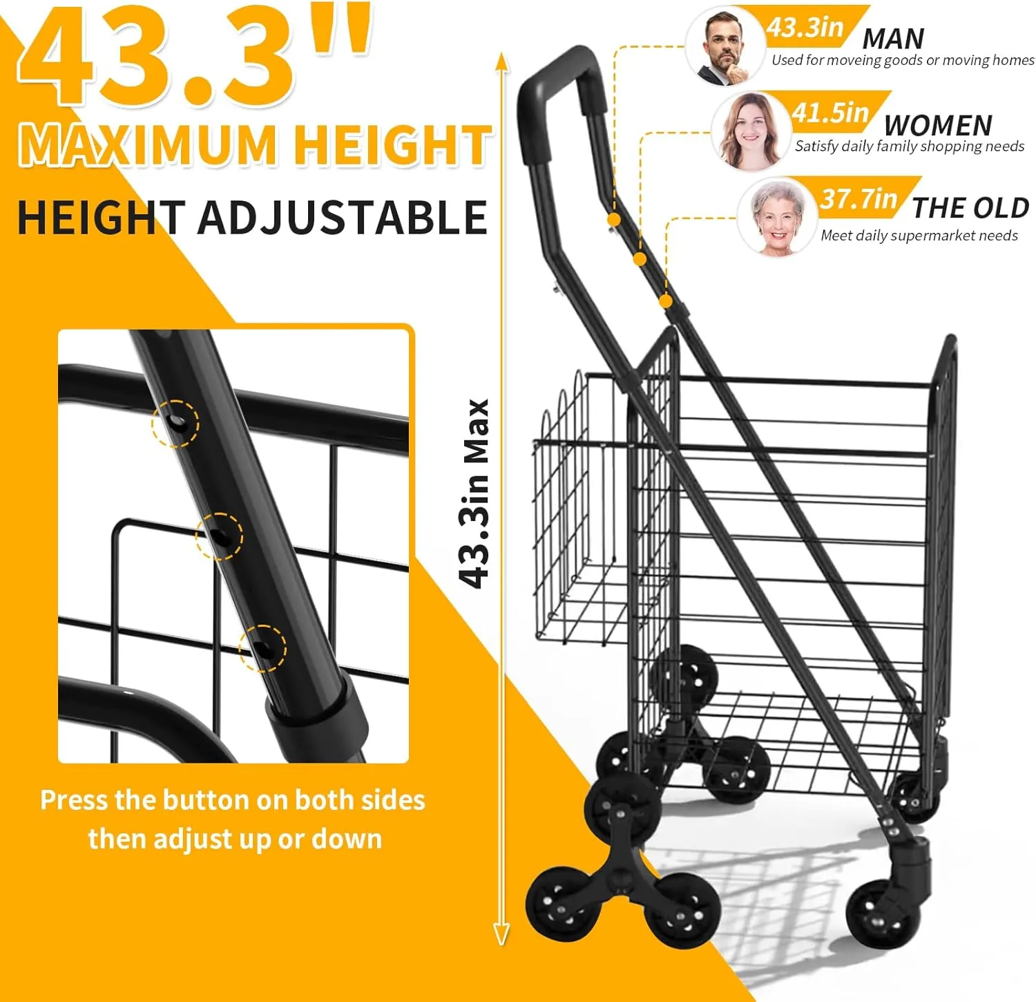 Grocery Shopping Cart with 360° Rolling Swivel Wheels Stair Climber Utility Cart Easily Collapsible Cart with Tri-Wheels, 66lb Extended Foam Cover, Trolley for Stair, Laundry, Travel (Black)