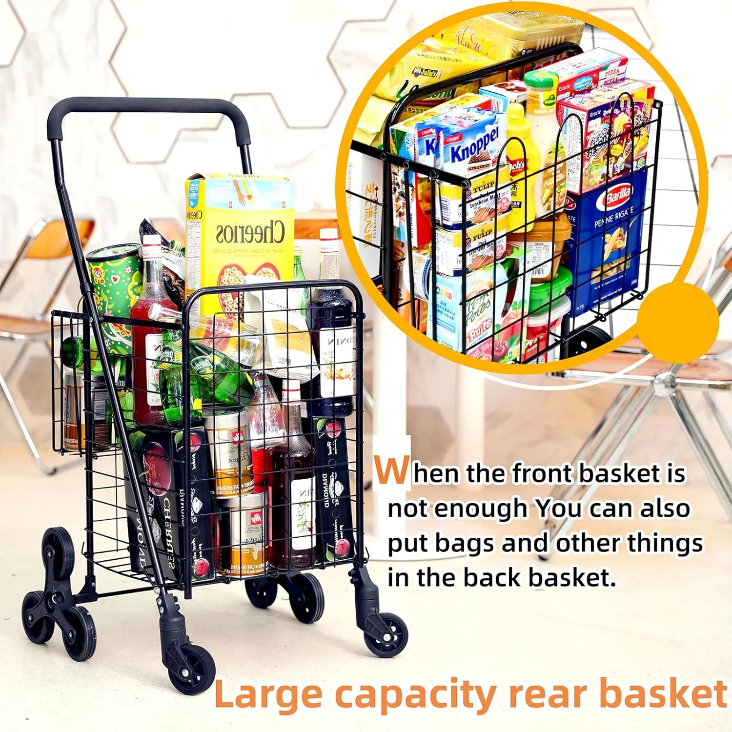 Grocery Shopping Cart with 360° Rolling Swivel Wheels Stair Climber Utility Cart Easily Collapsible Cart with Tri-Wheels, 66lb Extended Foam Cover, Trolley for Stair, Laundry, Travel (Black)