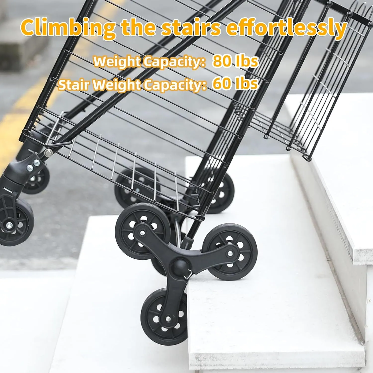 Grocery Shopping Cart with 360° Rolling Swivel Wheels Stair Climber Utility Cart Easily Collapsible Cart with Tri-Wheels, 66lb Extended Foam Cover, Trolley for Stair, Laundry, Travel (Black)