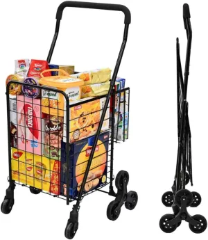 Grocery Shopping Cart with 360° Rolling Swivel Wheels Stair Climber Utility Cart Easily Collapsible Cart with Tri-Wheels, 66lb Extended Foam Cover, Trolley for Stair, Laundry, Travel (Black)
