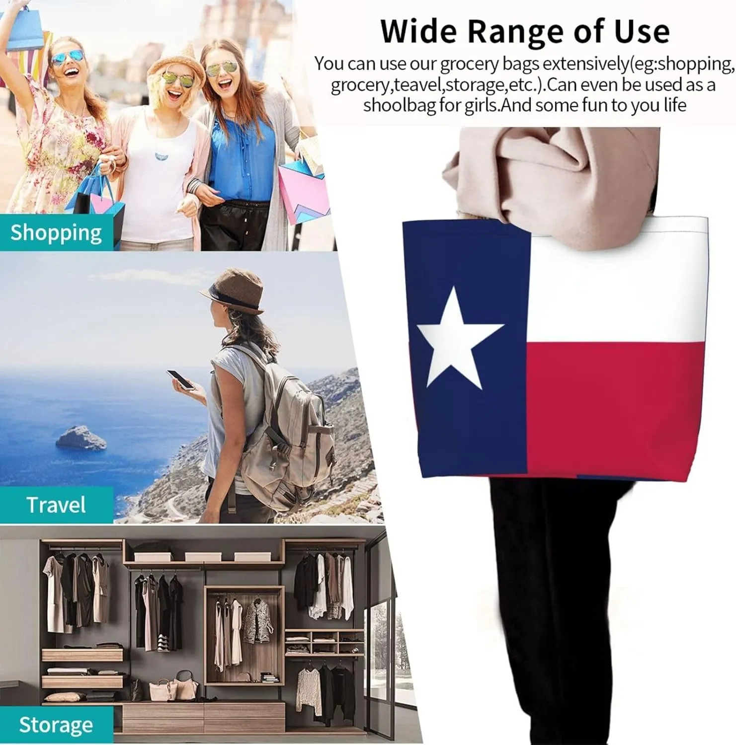 GTEVUTS Texas Flag Grocery Bag Large Handbag Reusable Shoulder Totes Bags-Cute Beach Bag for Women Men Travel Outdoor