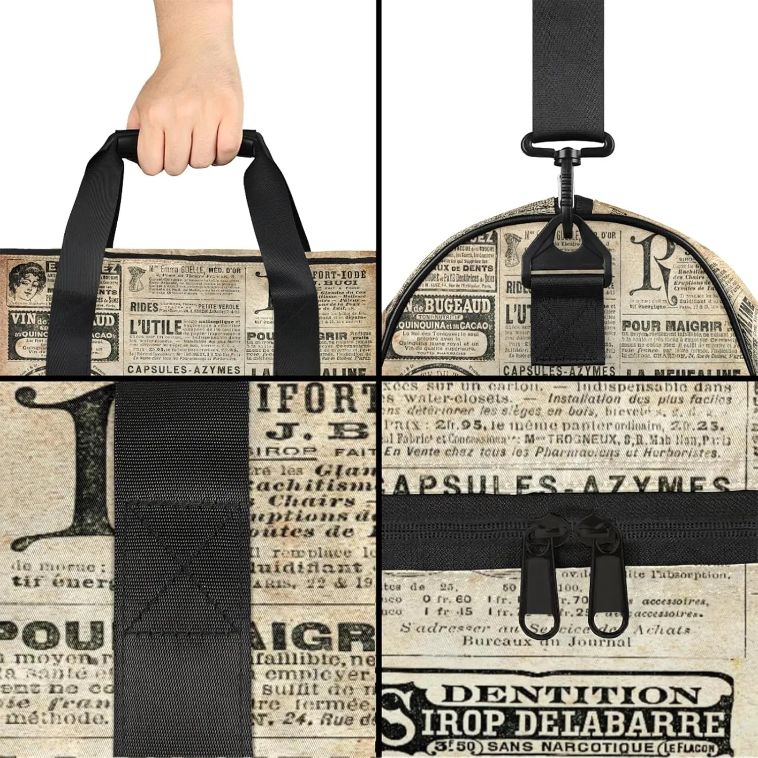 Gym Bag for Women Men Retro Newspaper Letter Travel Duffle Bag with Shoe Compartment Waterproof Sports Tote Bags Large Overnight Weekender Bags for Travel Swimming Gym Yoga Dance