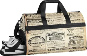 Gym Bag for Women Men Retro Newspaper Letter Travel Duffle Bag with Shoe Compartment Waterproof Sports Tote Bags Large Overnight Weekender Bags for Travel Swimming Gym Yoga Dance
