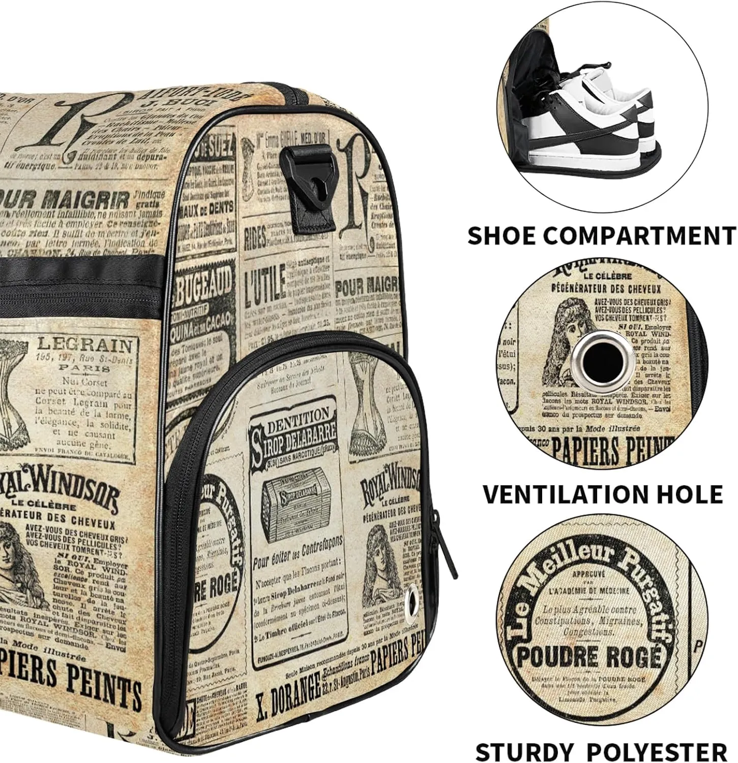 Gym Bag for Women Men Retro Newspaper Letter Travel Duffle Bag with Shoe Compartment Waterproof Sports Tote Bags Large Overnight Weekender Bags for Travel Swimming Gym Yoga Dance