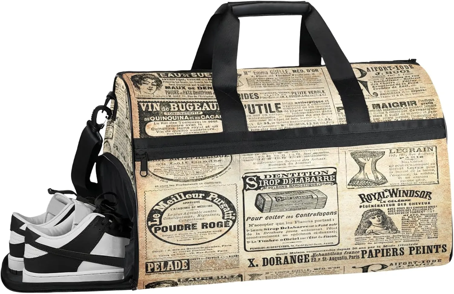 Gym Bag for Women Men Retro Newspaper Letter Travel Duffle Bag with Shoe Compartment Waterproof Sports Tote Bags Large Overnight Weekender Bags for Travel Swimming Gym Yoga Dance