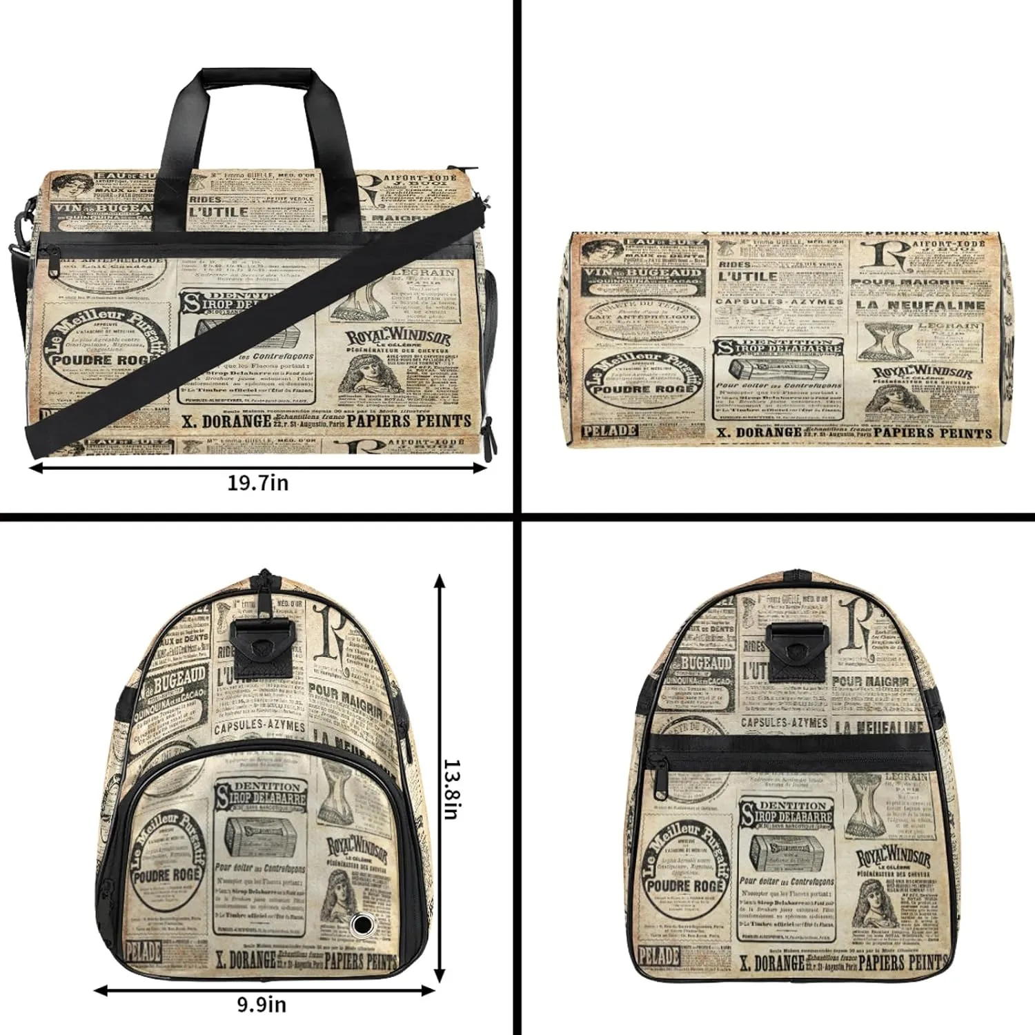 Gym Bag for Women Men Retro Newspaper Letter Travel Duffle Bag with Shoe Compartment Waterproof Sports Tote Bags Large Overnight Weekender Bags for Travel Swimming Gym Yoga Dance