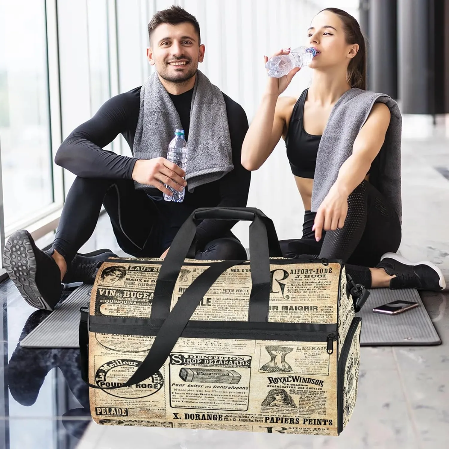 Gym Bag for Women Men Retro Newspaper Letter Travel Duffle Bag with Shoe Compartment Waterproof Sports Tote Bags Large Overnight Weekender Bags for Travel Swimming Gym Yoga Dance
