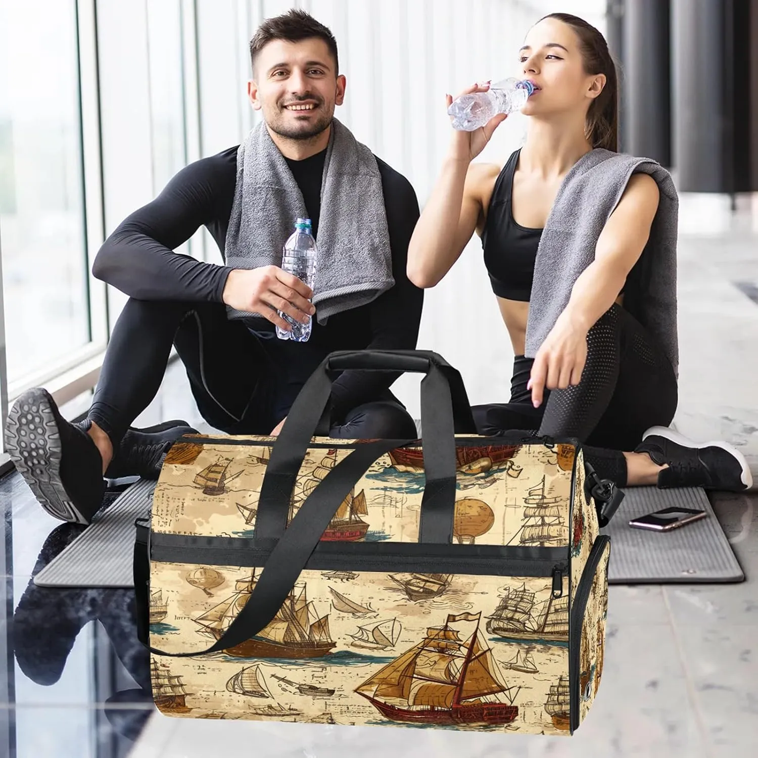 Gym Bag for Women Men Retro Ocean Boat Travel Duffle Bag with Shoe Compartment Waterproof Sports Tote Bags Large Overnight Weekender Bags for Travel Swimming Gym Yoga Dance