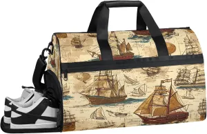 Gym Bag for Women Men Retro Ocean Boat Travel Duffle Bag with Shoe Compartment Waterproof Sports Tote Bags Large Overnight Weekender Bags for Travel Swimming Gym Yoga Dance