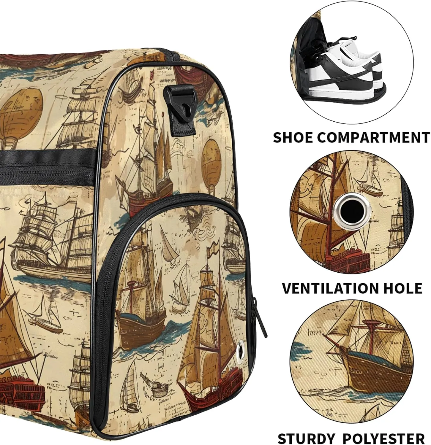 Gym Bag for Women Men Retro Ocean Boat Travel Duffle Bag with Shoe Compartment Waterproof Sports Tote Bags Large Overnight Weekender Bags for Travel Swimming Gym Yoga Dance