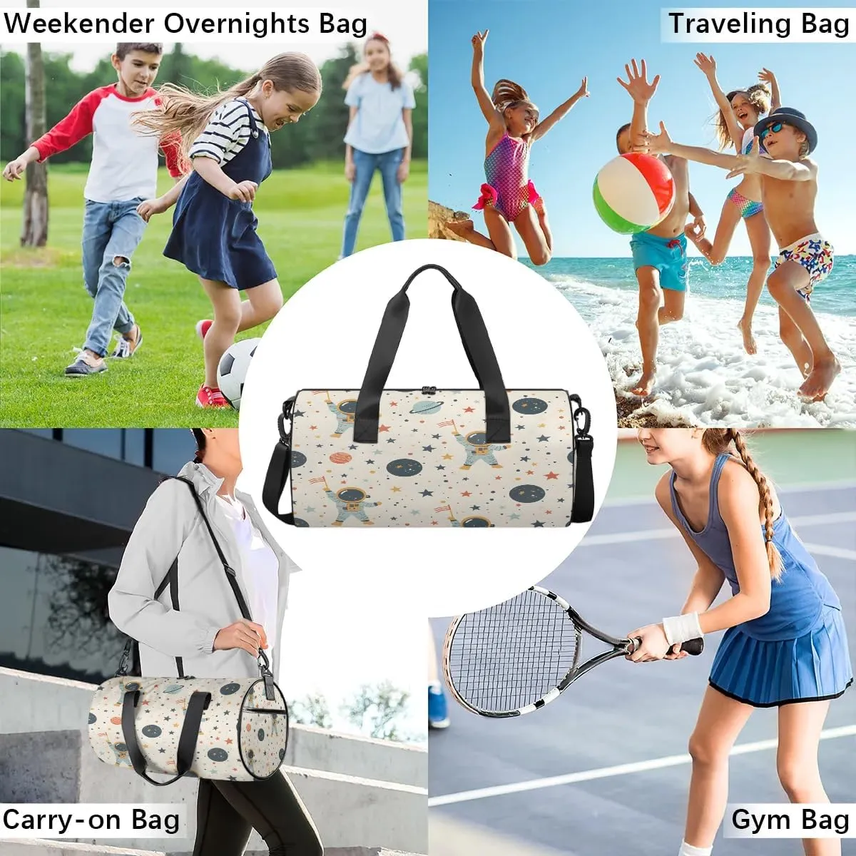Gym Bags for Men Women Star Astronaut Planet Sports Duffel Bags Carry On Travel Duffle Bag with Detachable Adjustable Shoulder Strap Overnight Weekender Bag