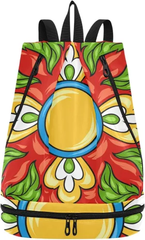Gym Drawstring Bags Daypacks Backpack Purse Casual Knapsack Shoulder Bag Sitting Rucksack Swimming Equipment Bags Mexican Ceramic Tile Ethnic Folk Ornament Print
