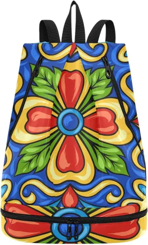 Gym Drawstring Bags Daypacks Backpack Purse Casual Knapsack Shoulder Bag Sitting Rucksack Swimming Equipment Bags Mexican Ceramic Tile Ethnic Folk Ornament Style